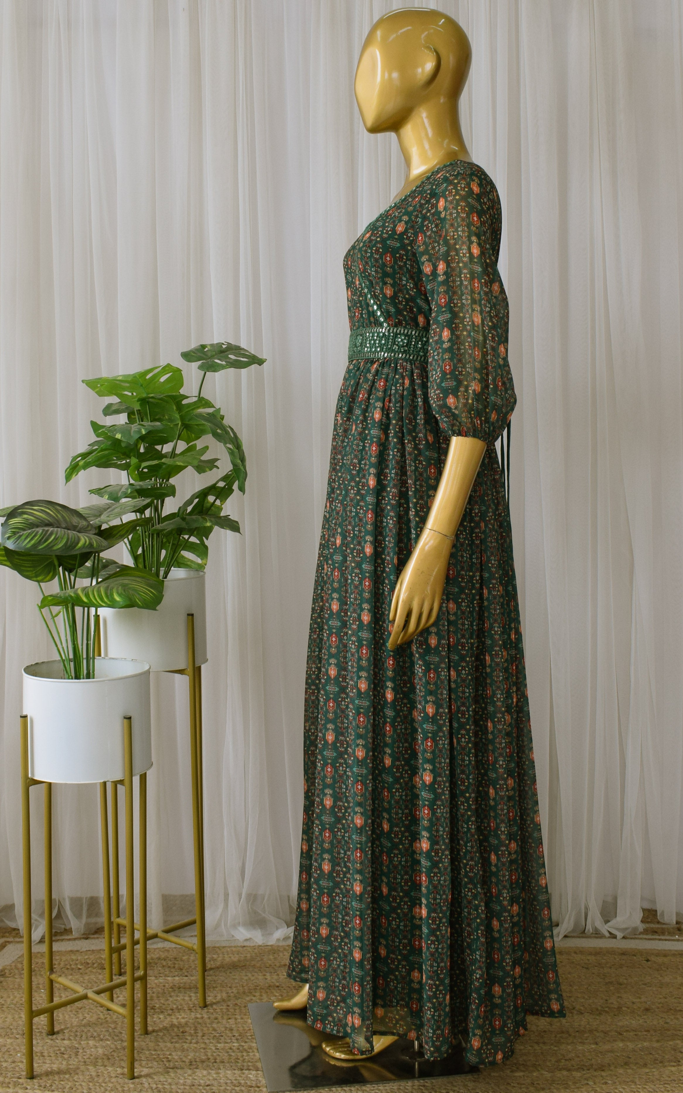 Green Vintage Printed Georgette Mirrorwork Jumpsuit