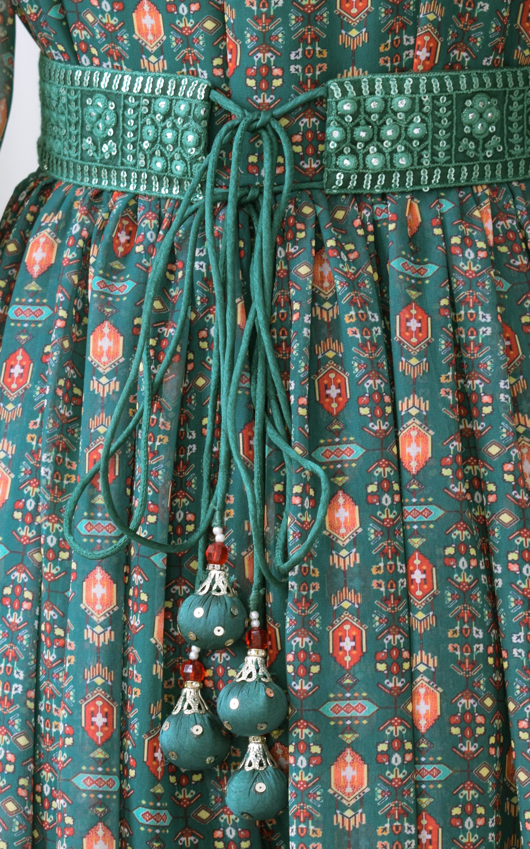Green Vintage Printed Georgette Mirrorwork Jumpsuit