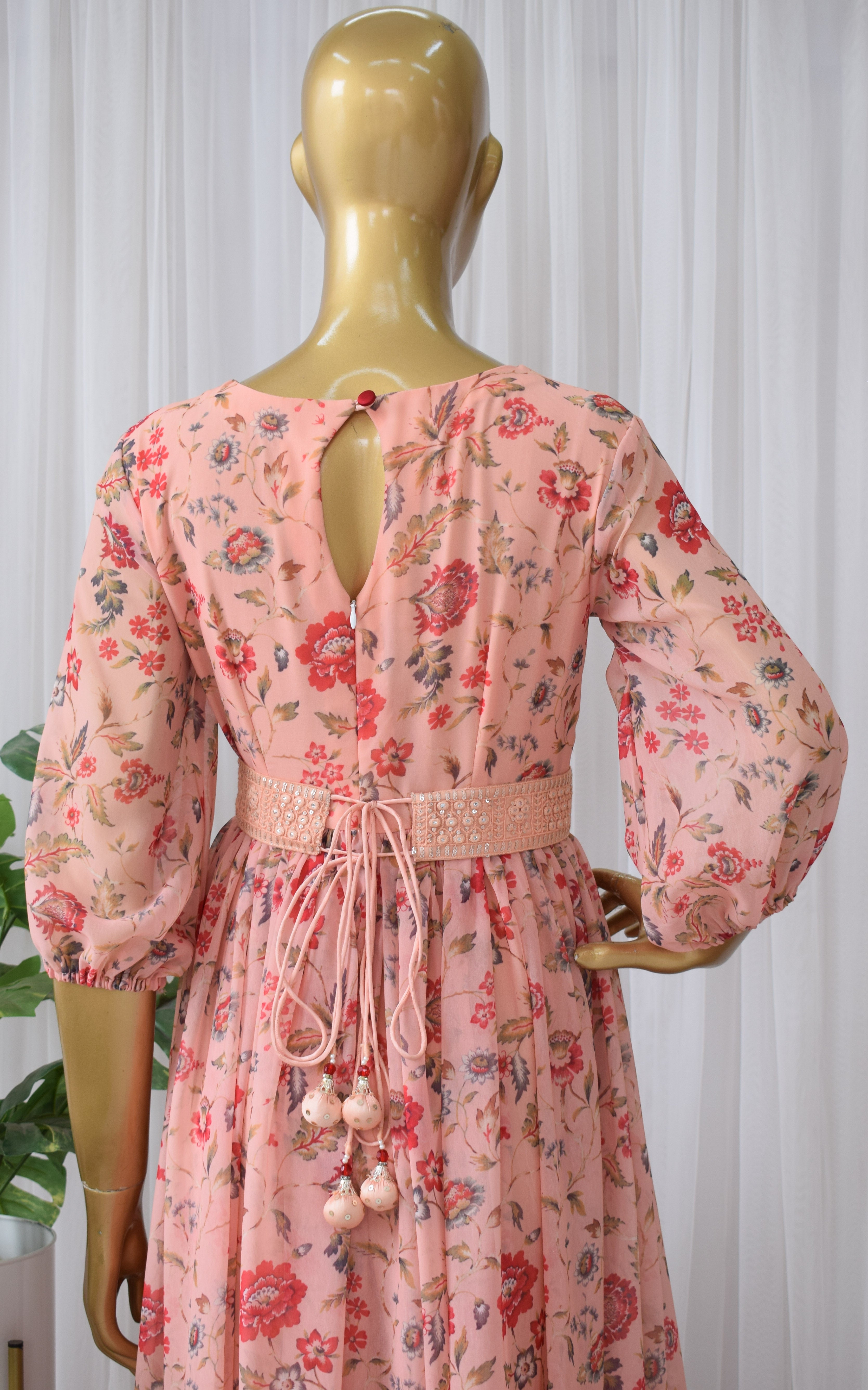 Peach Floral Printed Georgette Mirrorwork Jumpsuit