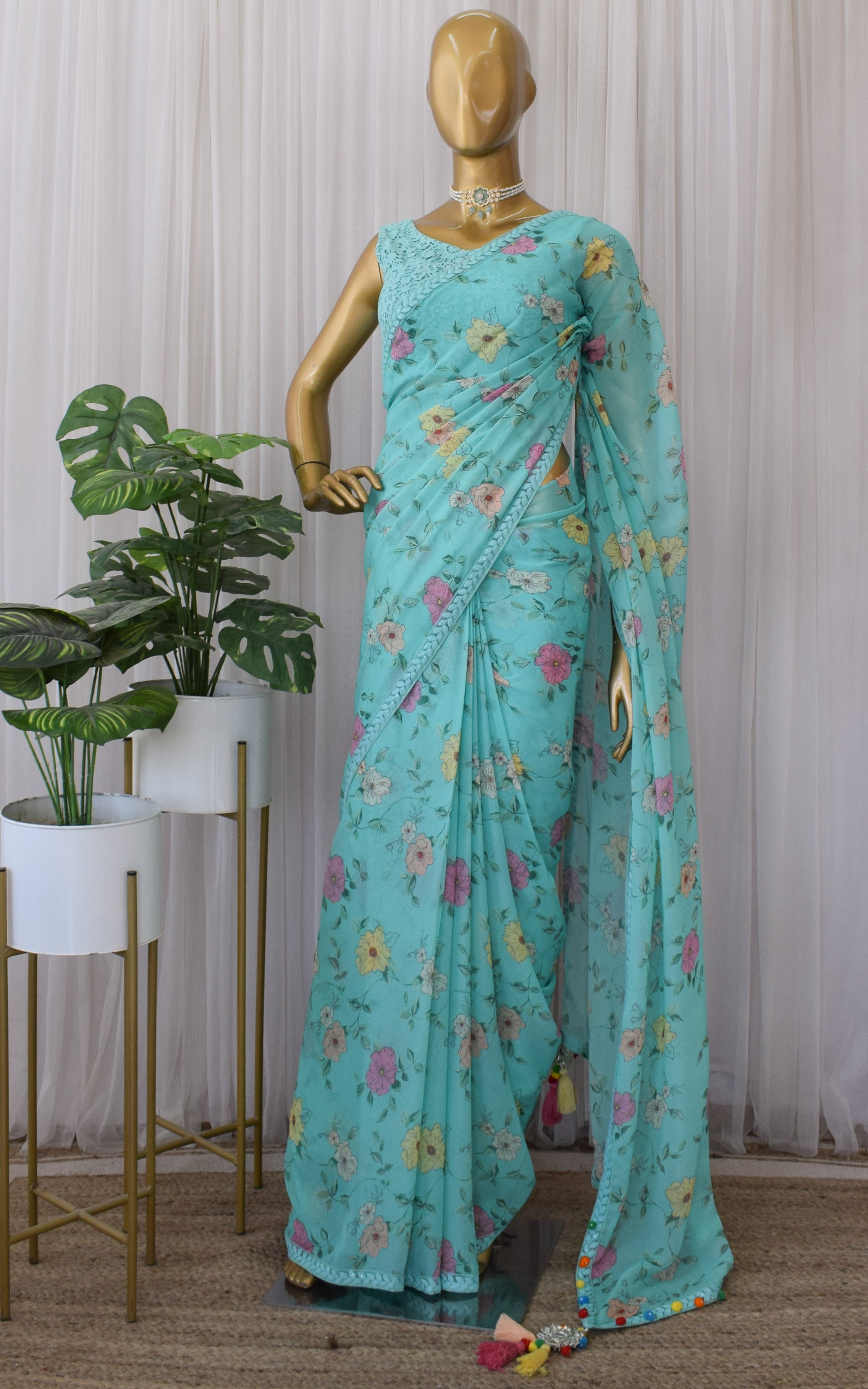 Sea Green Floral Printed Georgette Saree with Cutwork Blouse