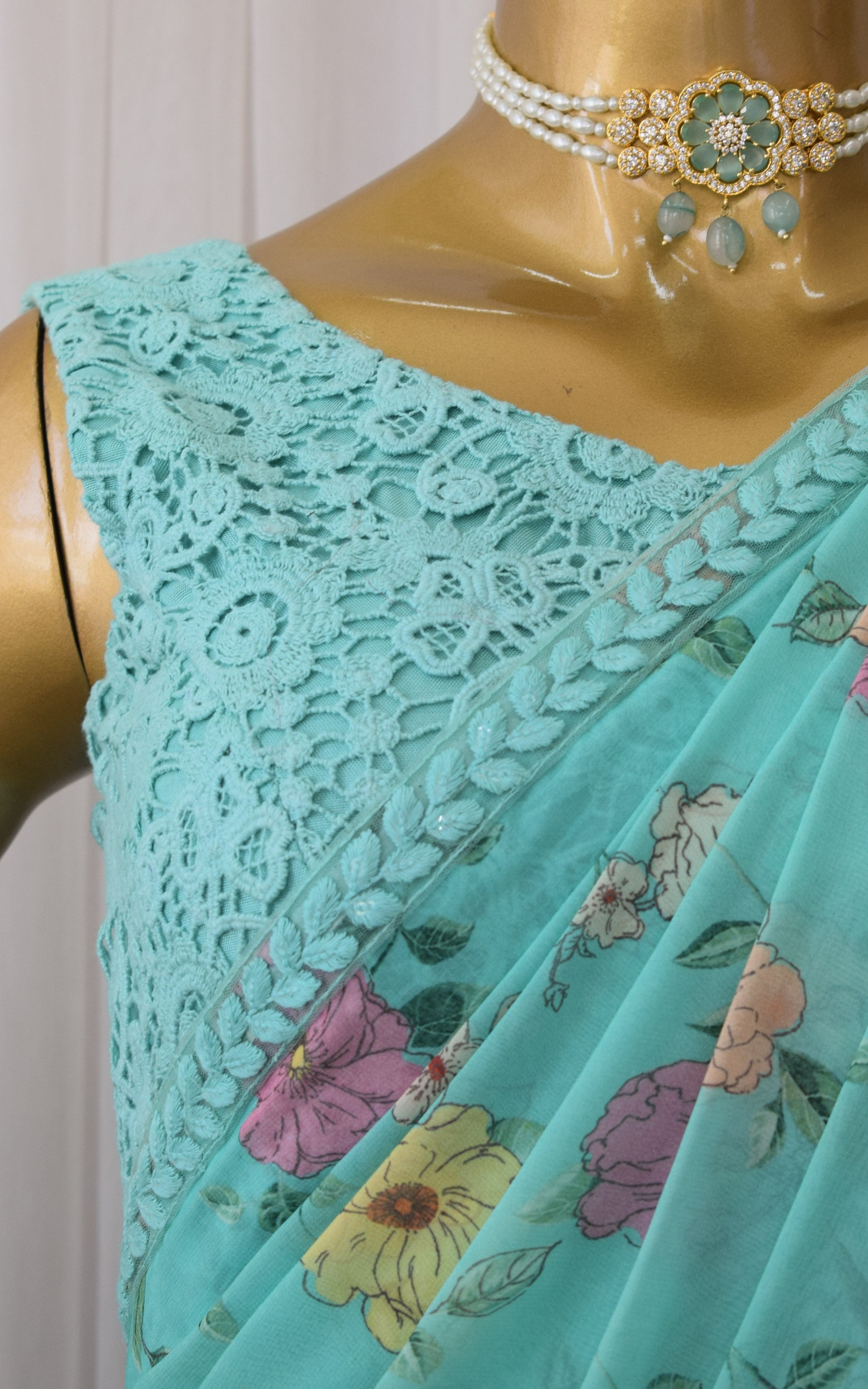 Sea Green Floral Printed Georgette Saree with Cutwork Blouse