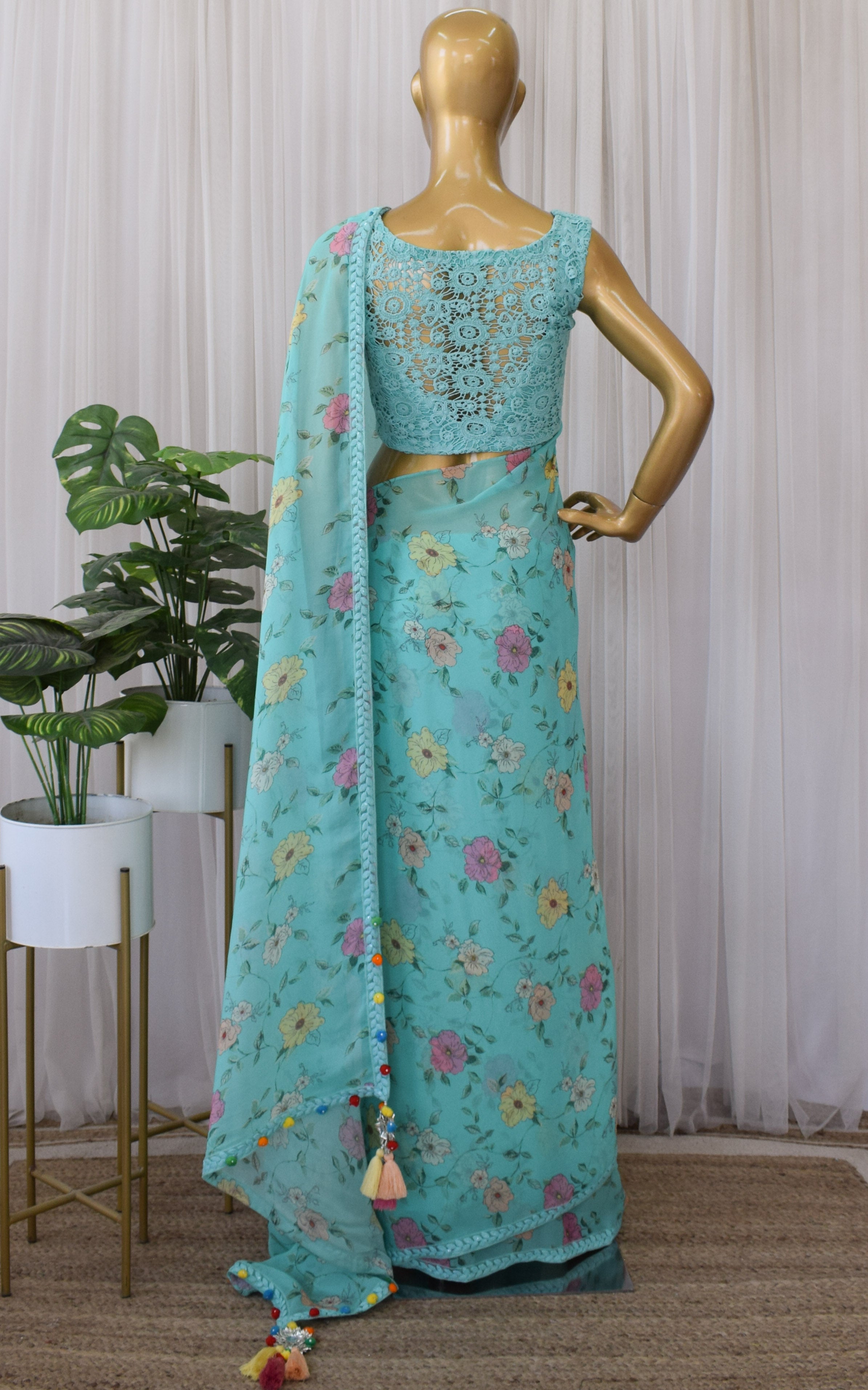 Sea Green Floral Printed Georgette Saree with Cutwork Blouse