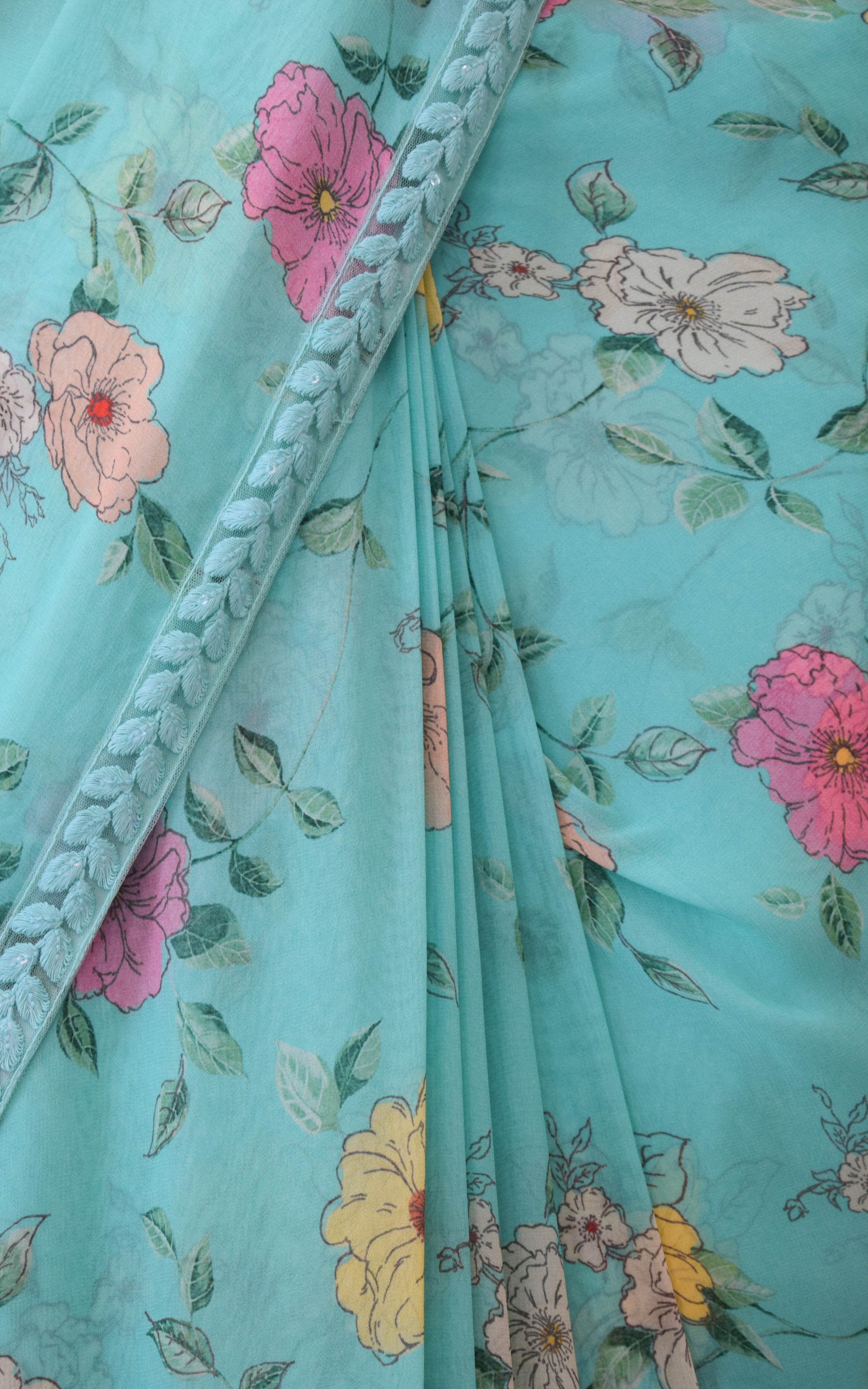 Sea Green Floral Printed Georgette Saree with Cutwork Blouse
