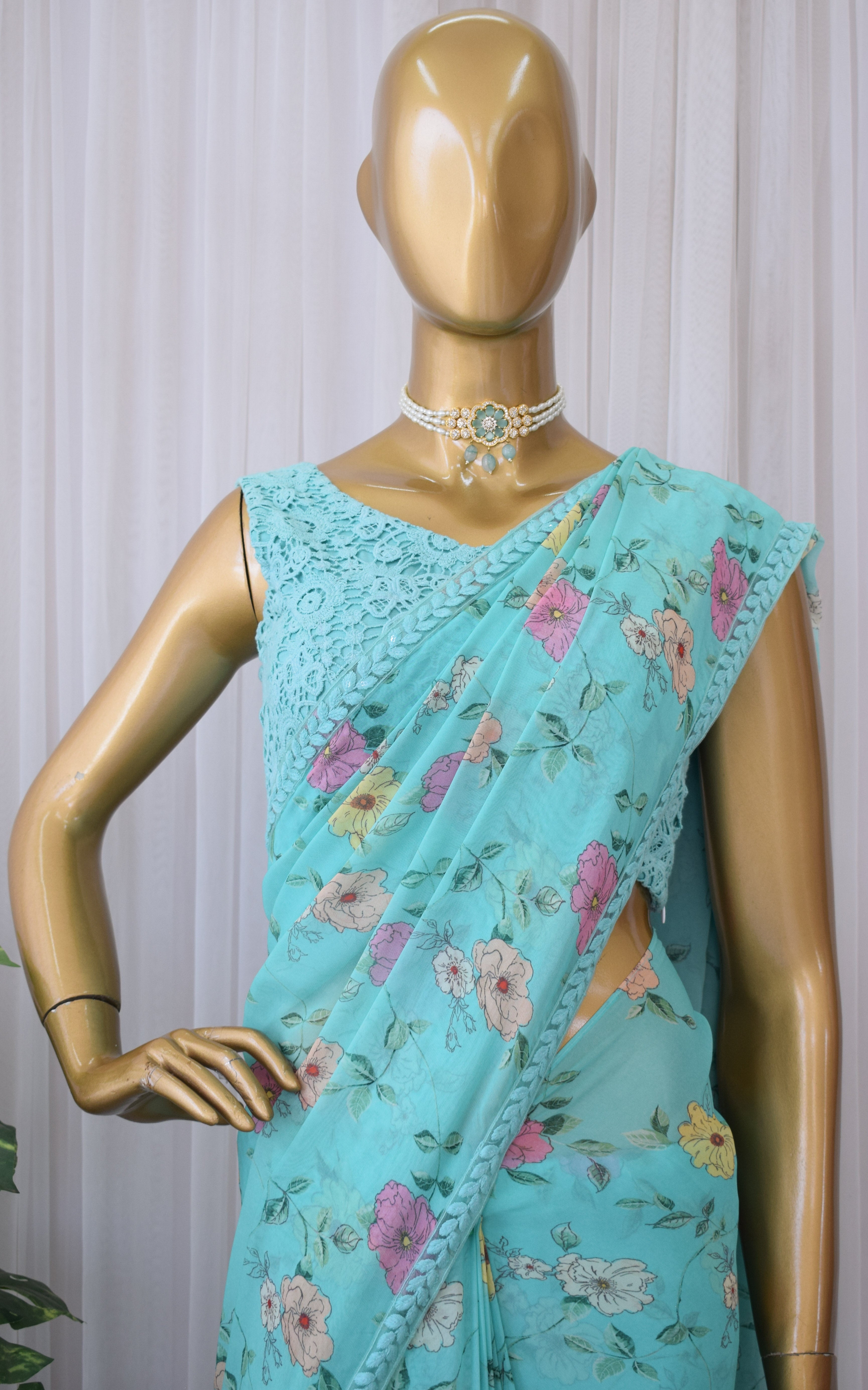 Sea Green Floral Printed Georgette Saree with Cutwork Blouse