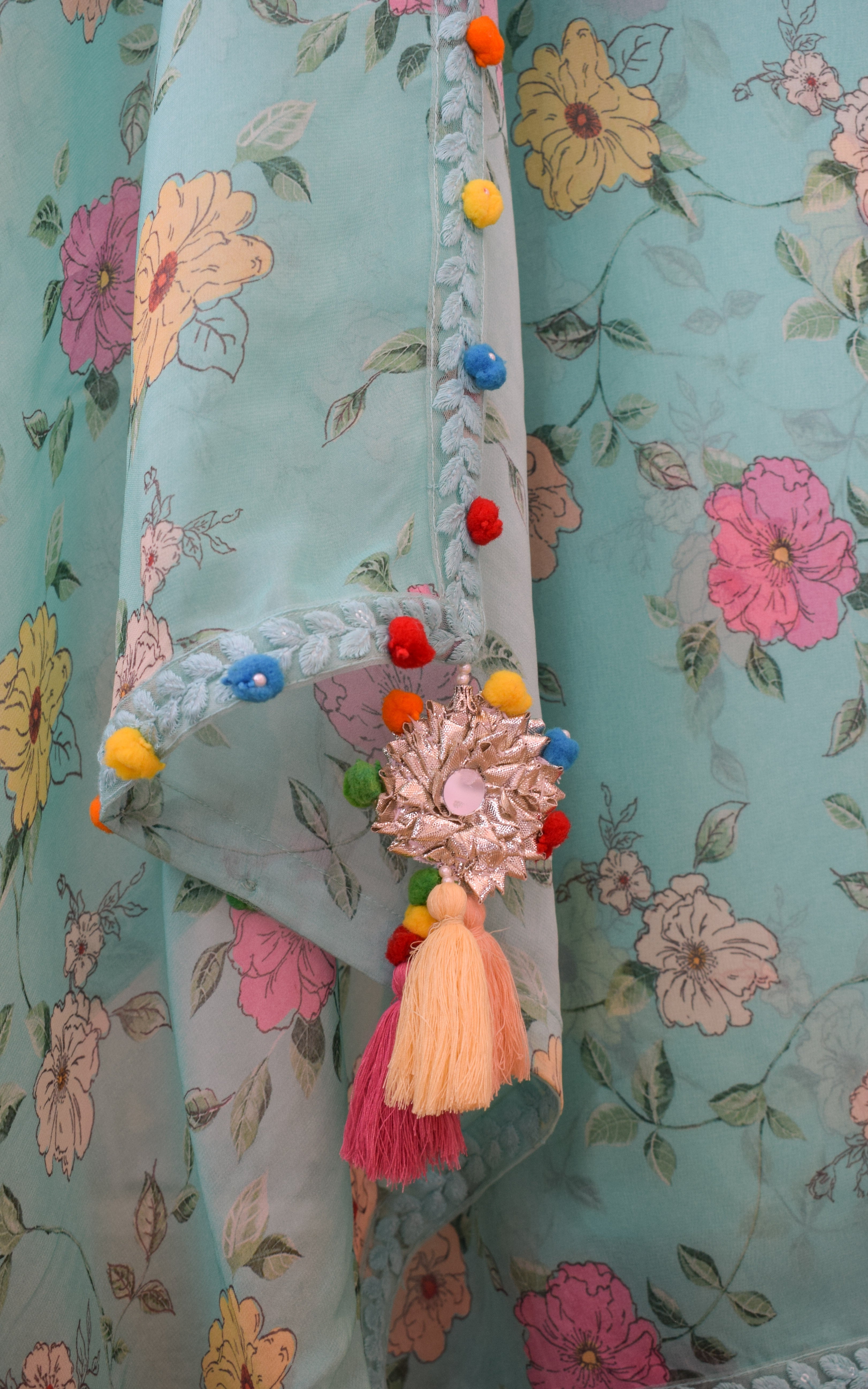Sea Green Floral Printed Georgette Saree with Cutwork Blouse
