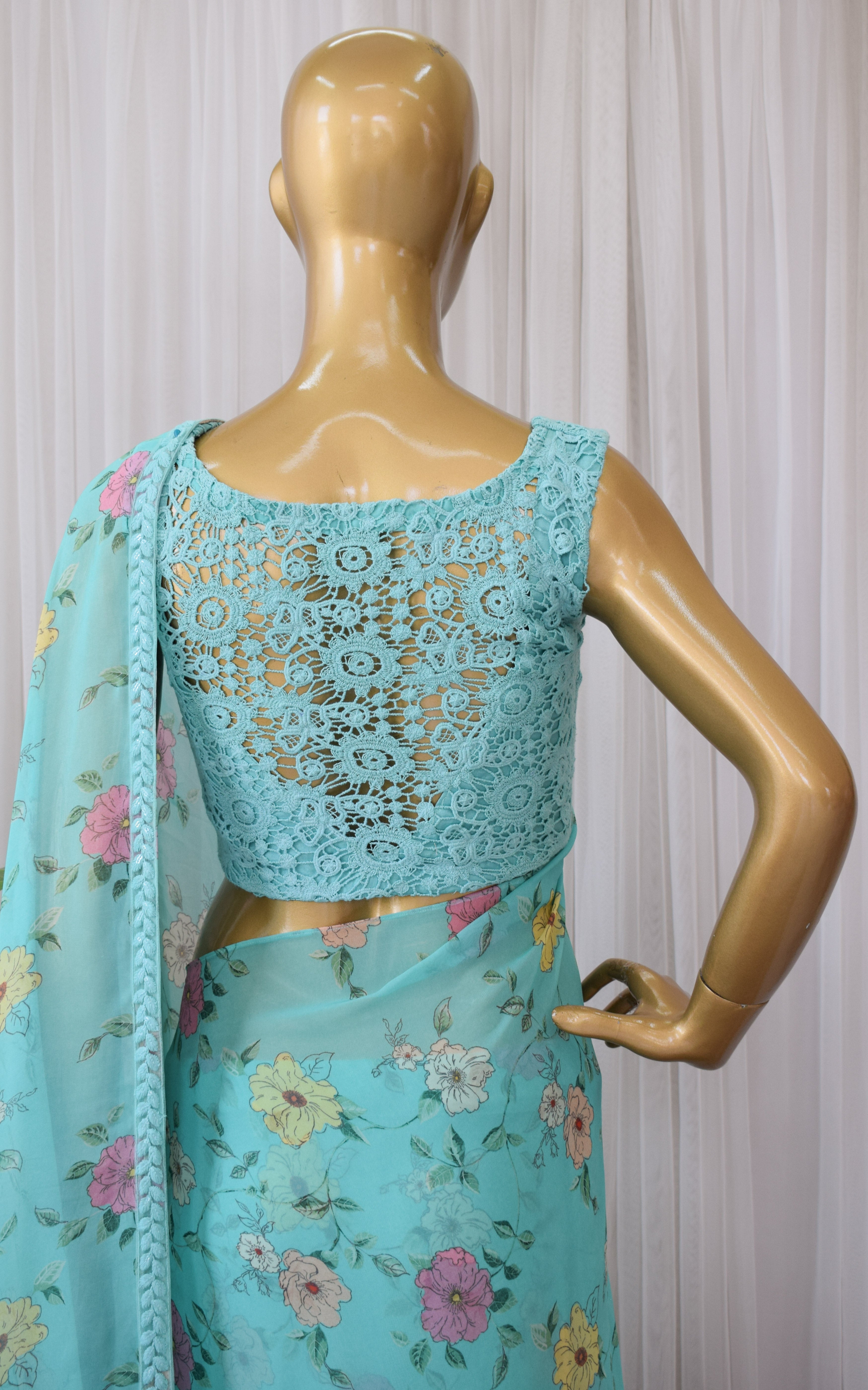 Sea Green Floral Printed Georgette Saree with Cutwork Blouse