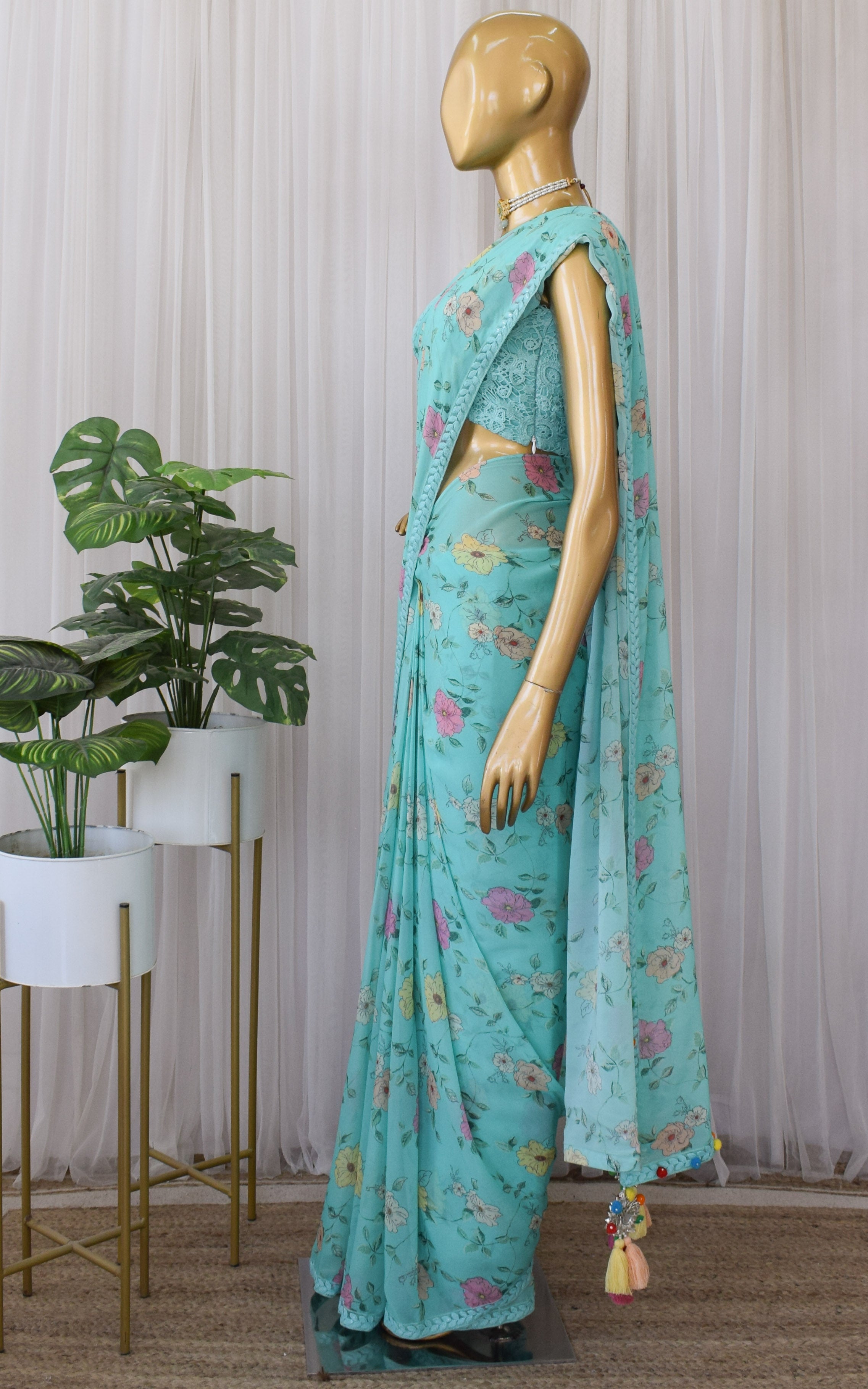 Sea Green Floral Printed Georgette Saree with Cutwork Blouse