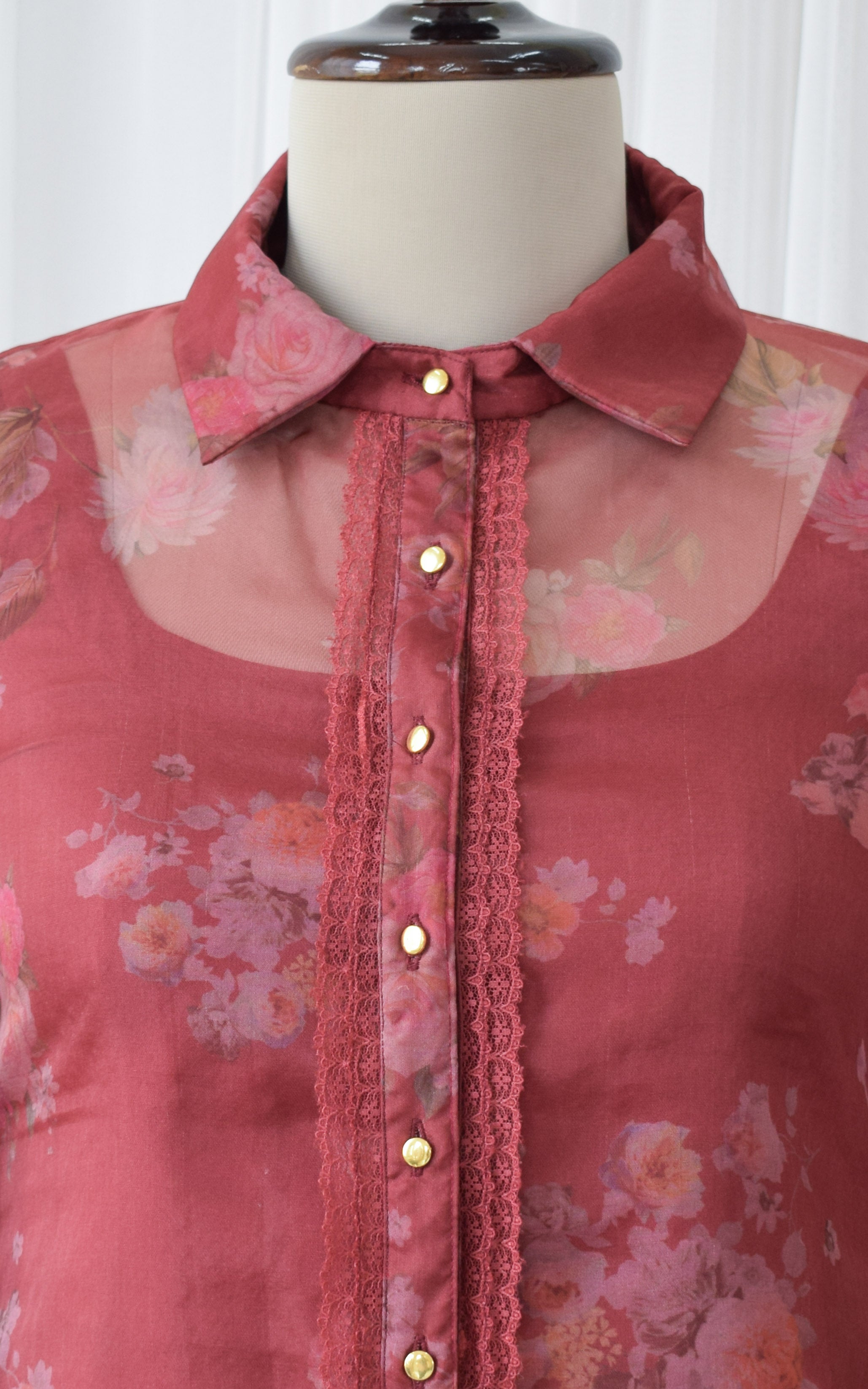 Wine Floral Print Organza Shirt
