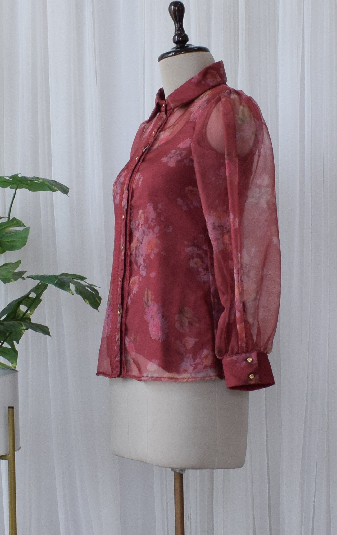 Wine Floral Print Organza Shirt