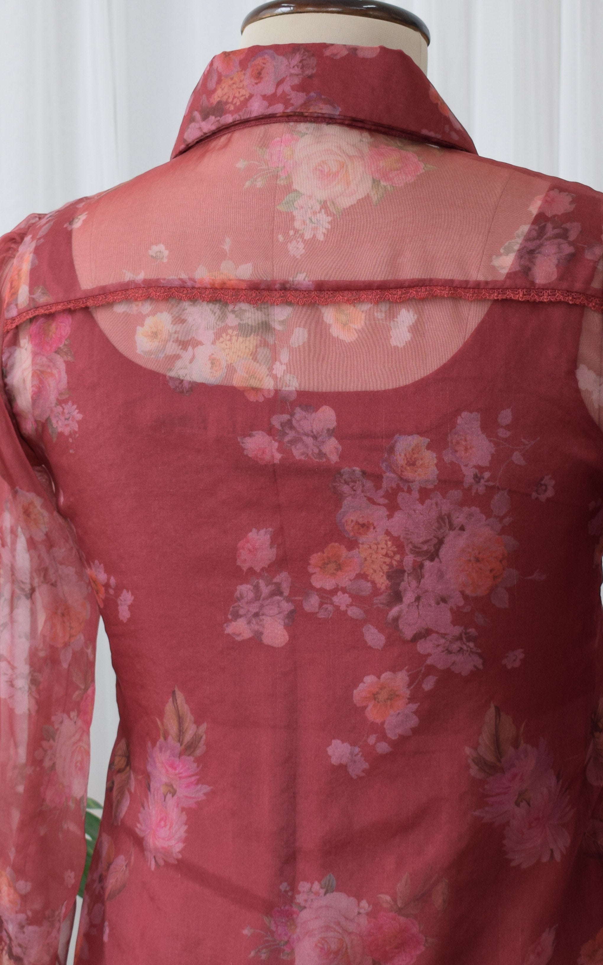Wine Floral Print Organza Shirt