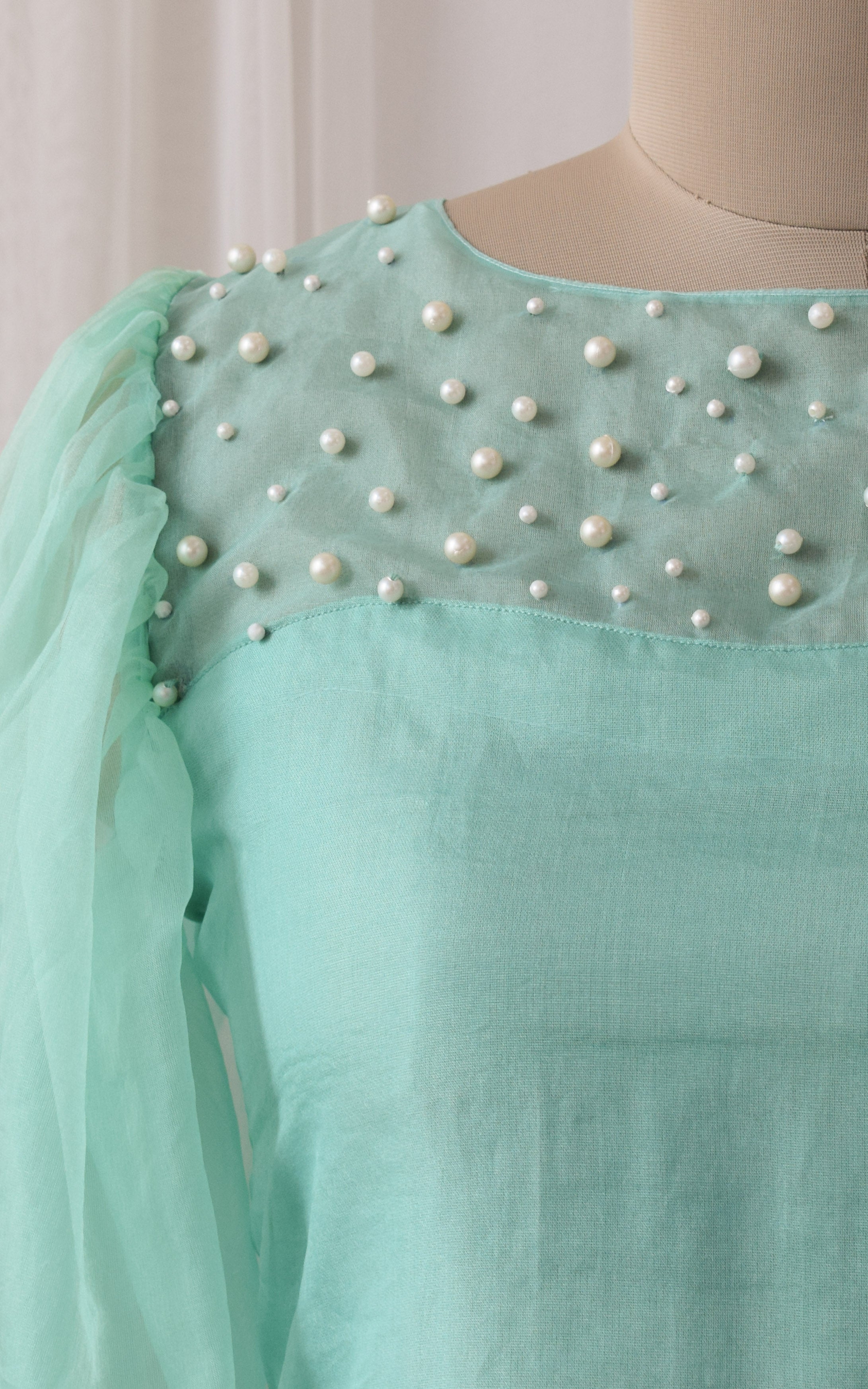 Mint Green Pearl Work Organza Top