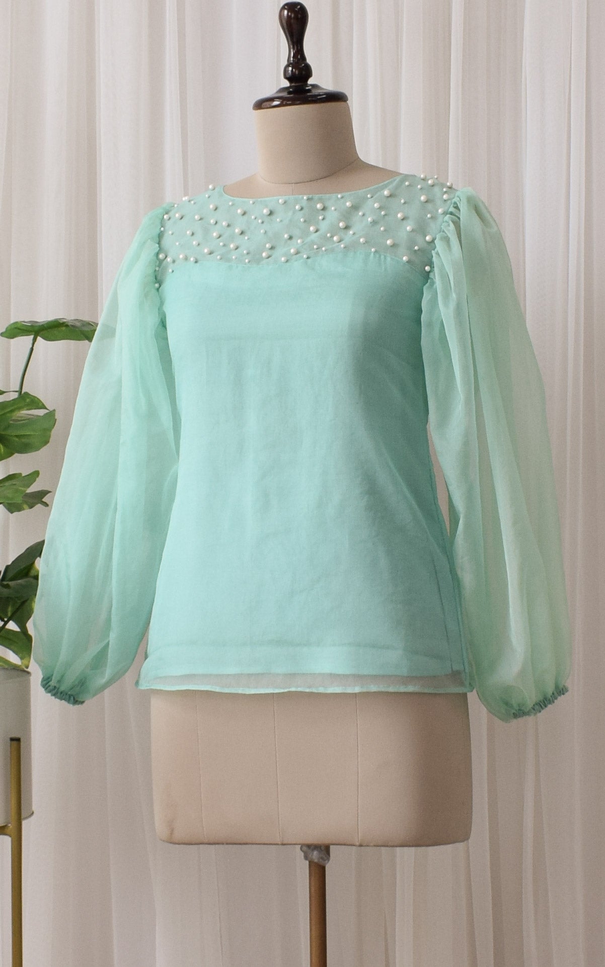 Mint Green Pearl Work Organza Top