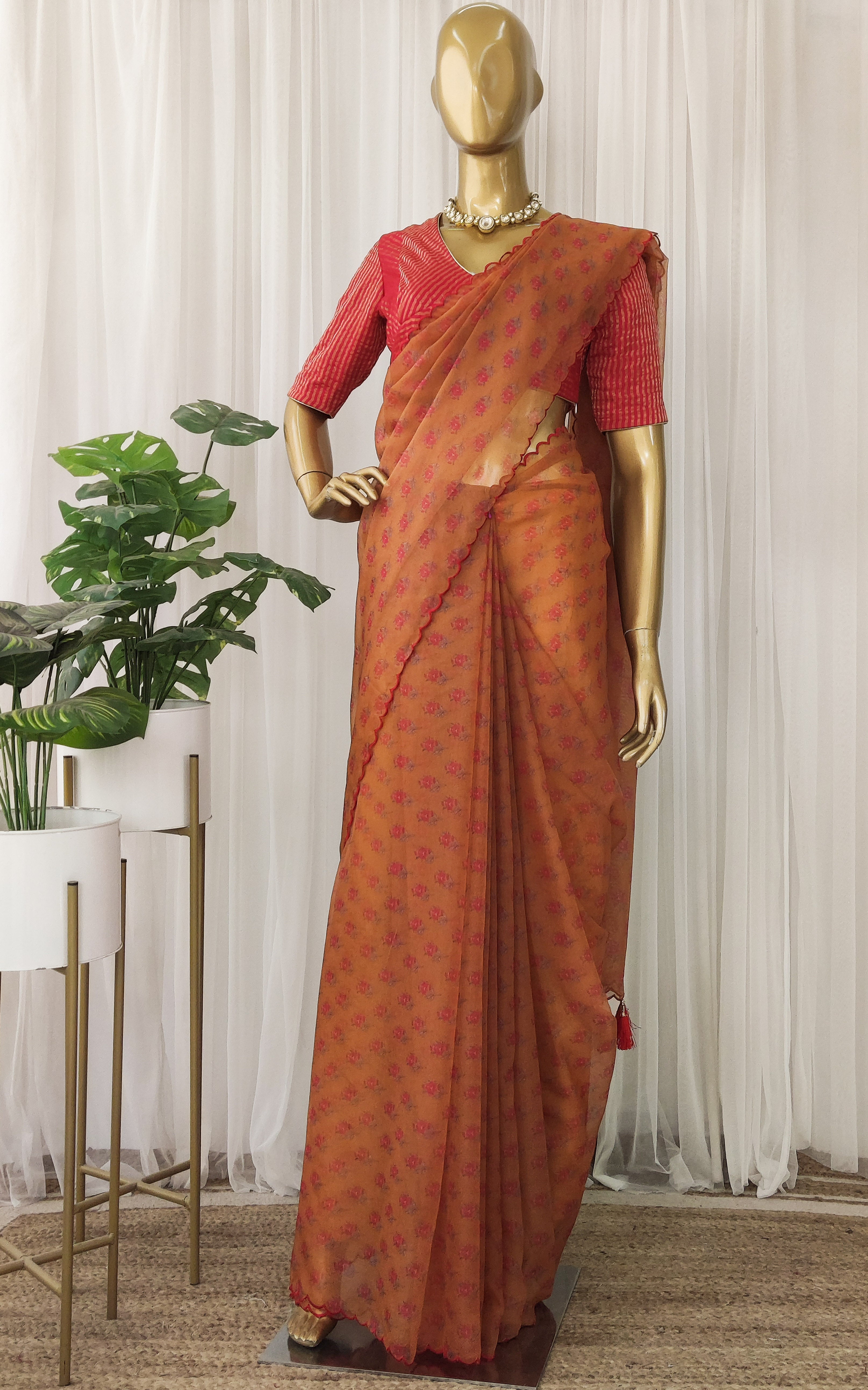 Mustard Yellow Booti Printed Organza Saree