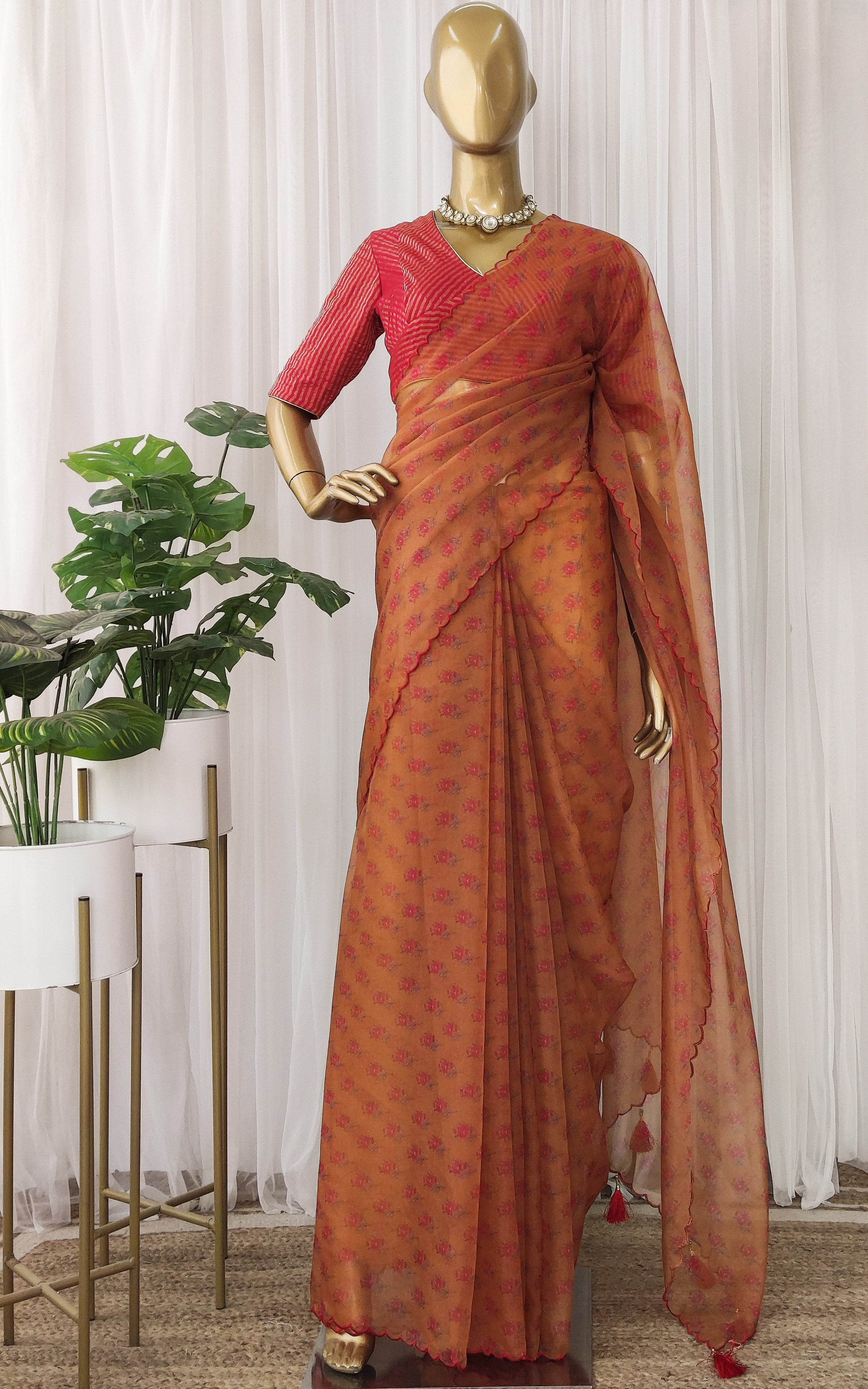 Mustard Yellow Booti Printed Organza Saree