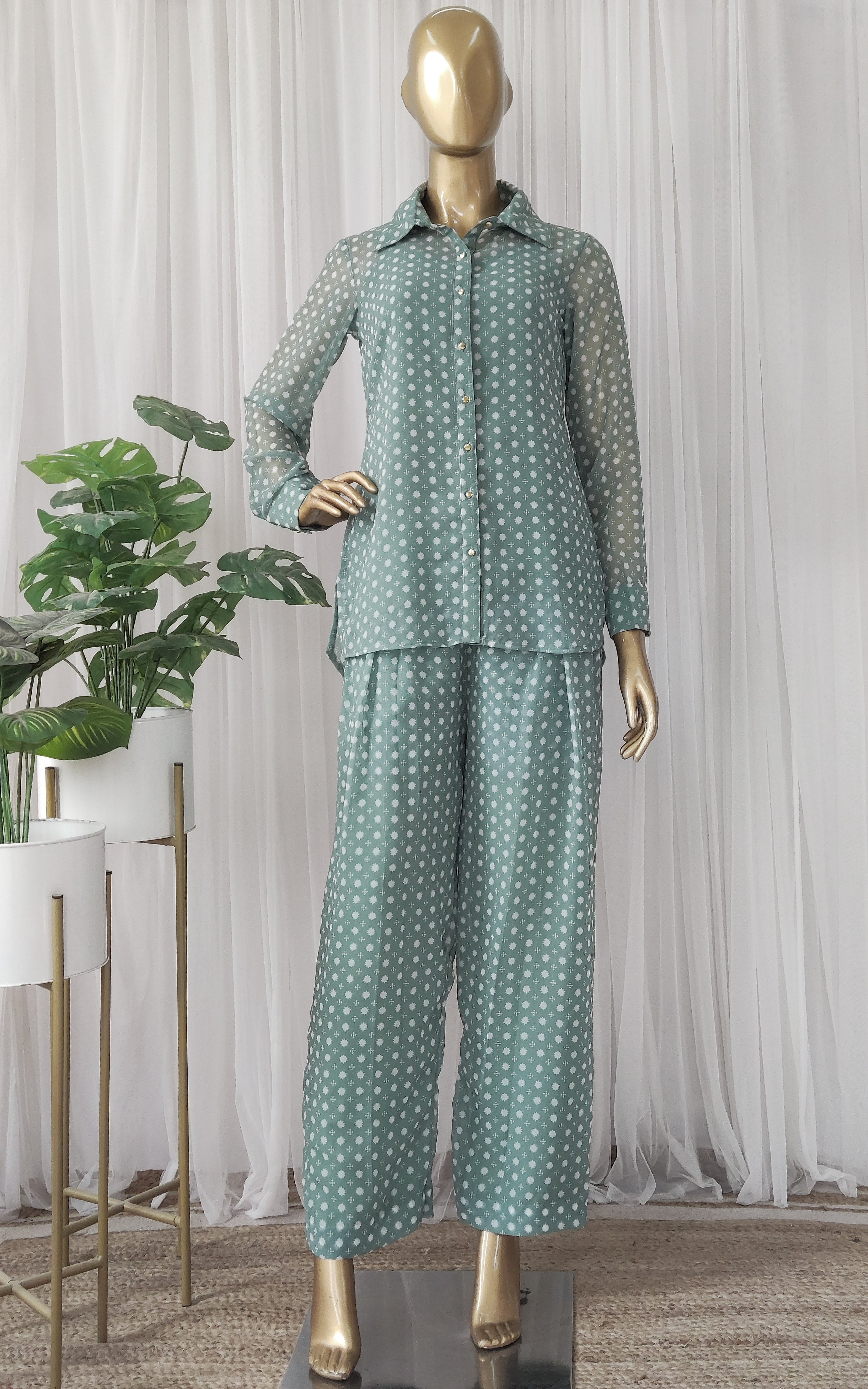 Sage Green White Floral Printed Georgette Co-ord Set