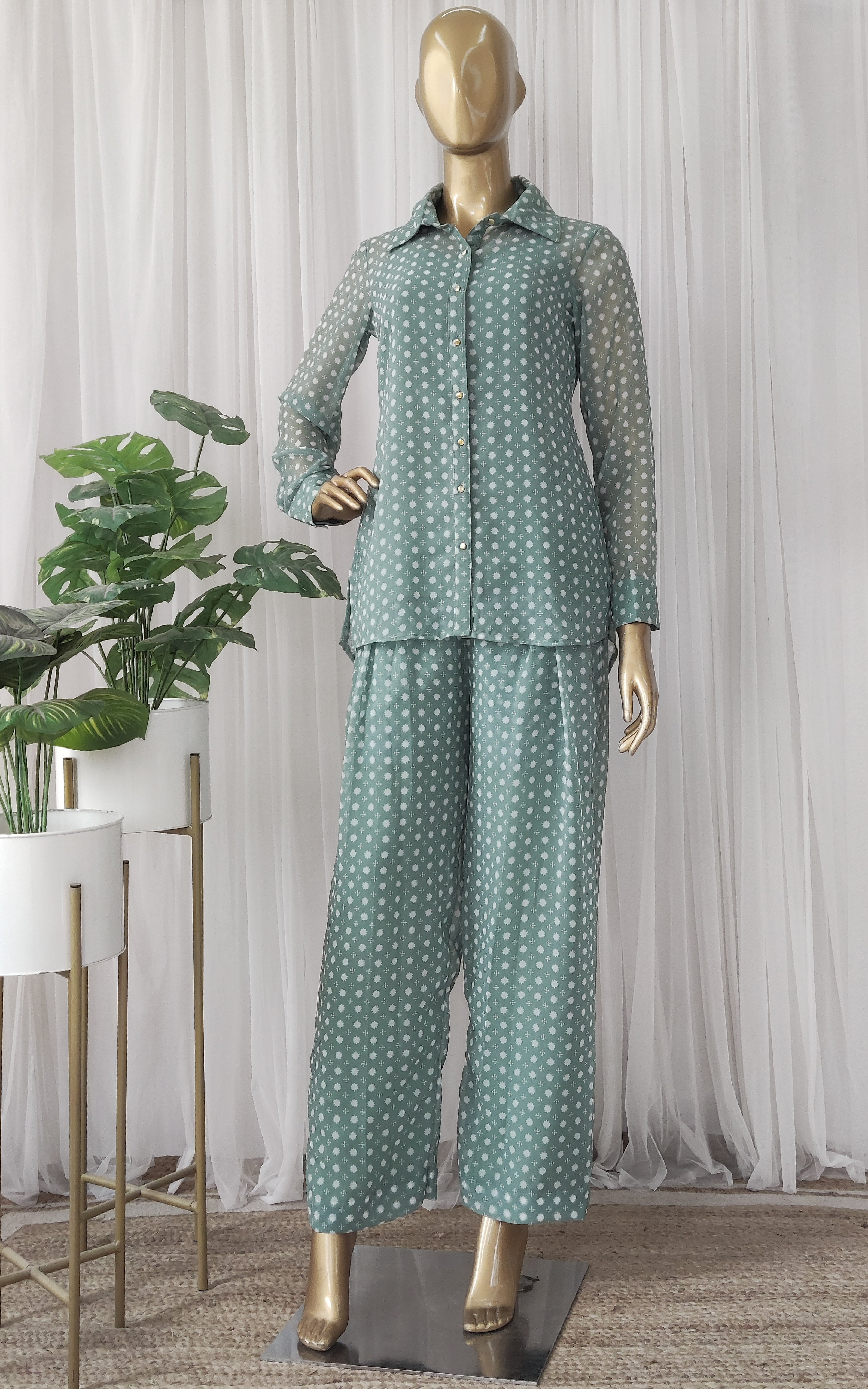 Sage Green White Floral Printed Georgette Co-ord Set
