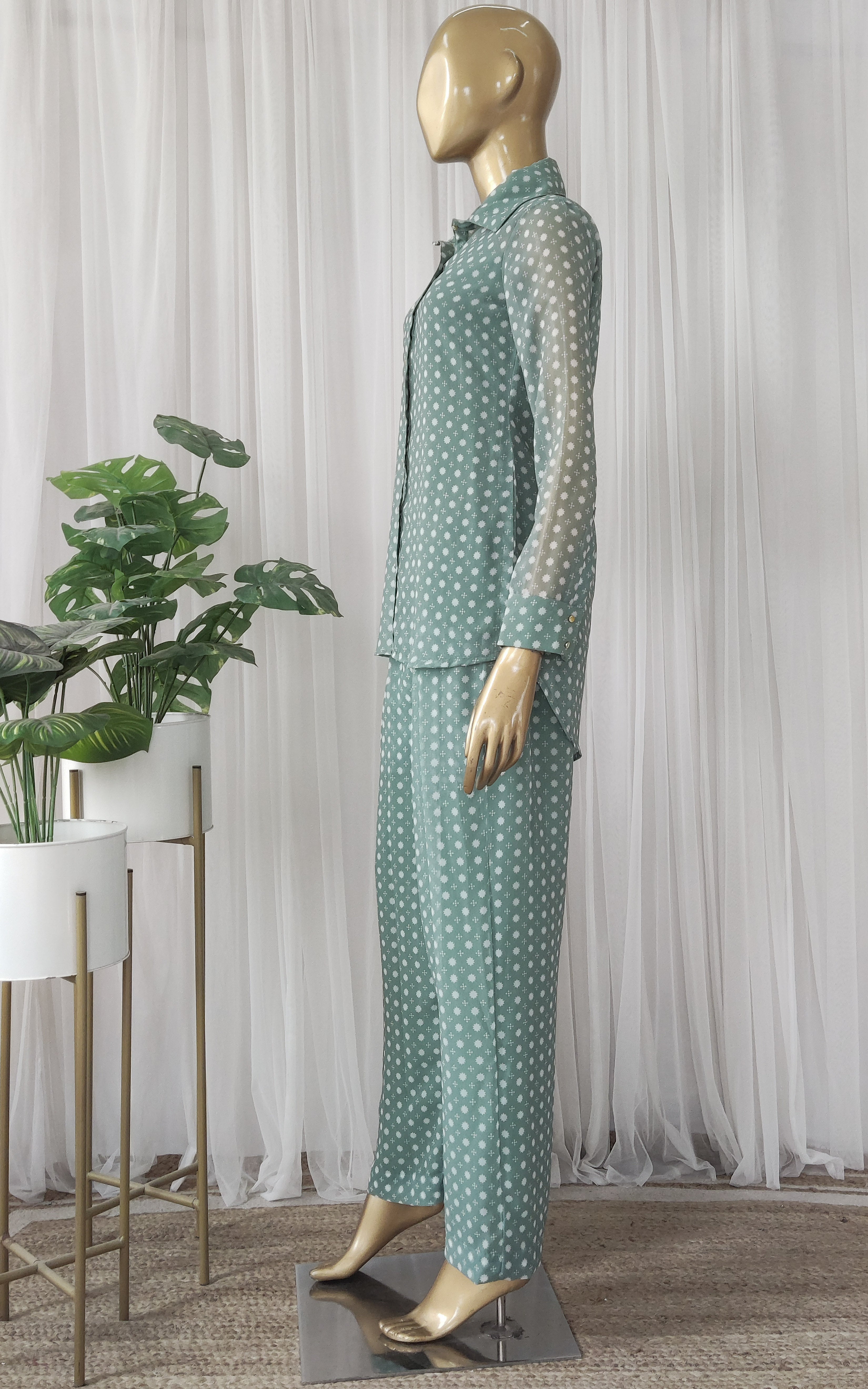 Sage Green White Floral Printed Georgette Co-ord Set