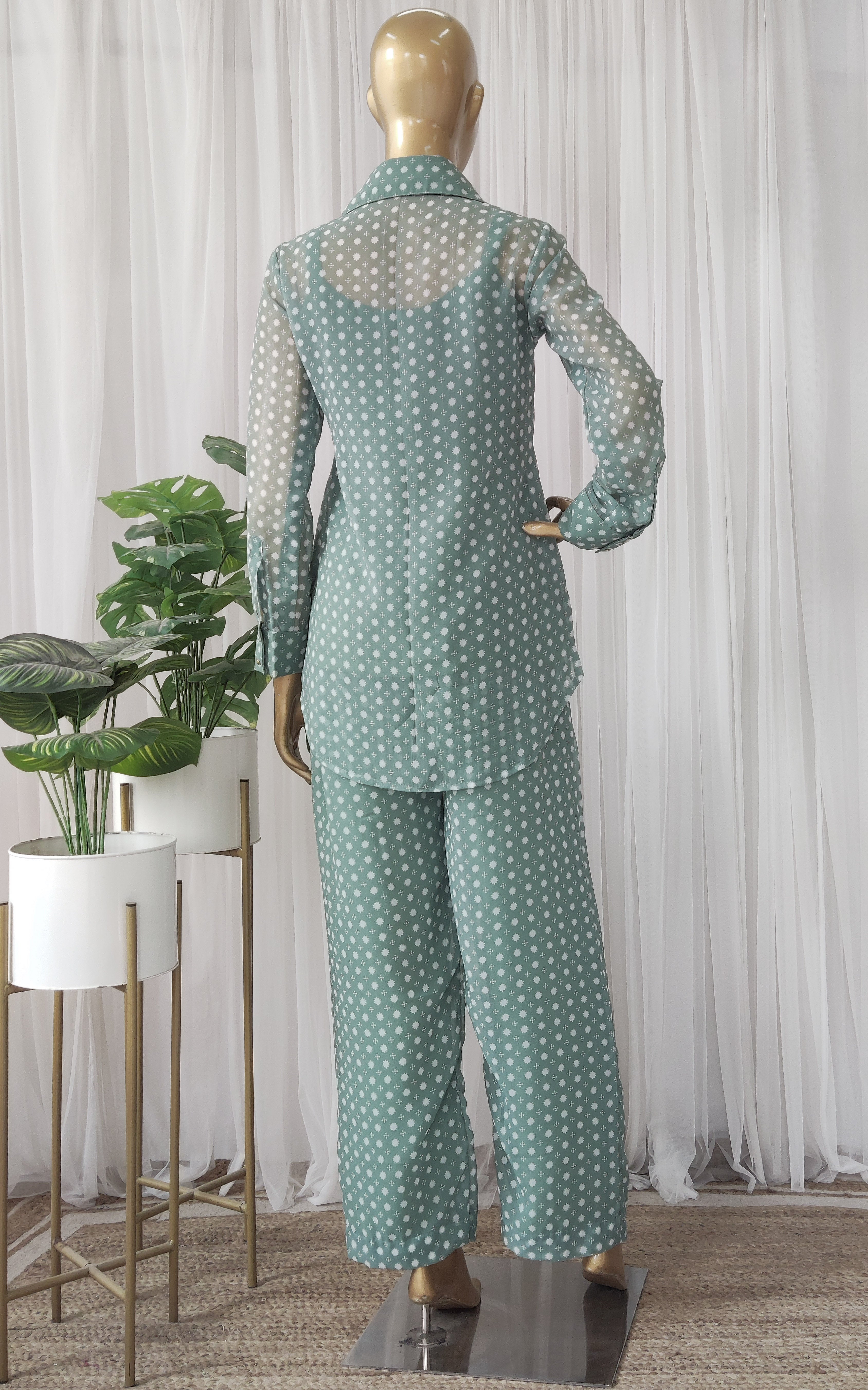 Sage Green White Floral Printed Georgette Co-ord Set