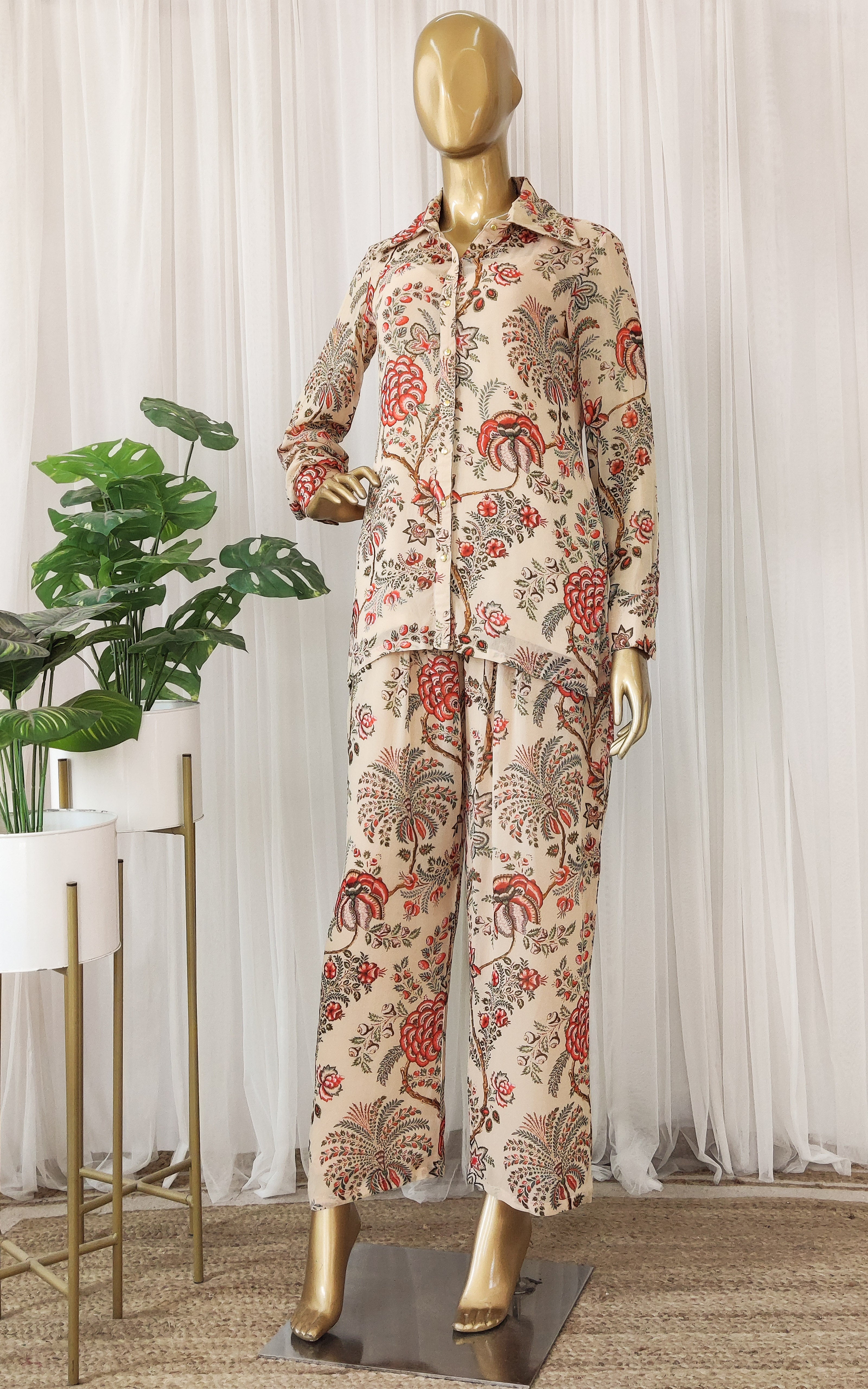 Beige Red Floral Printed Georgette Co-ord Set