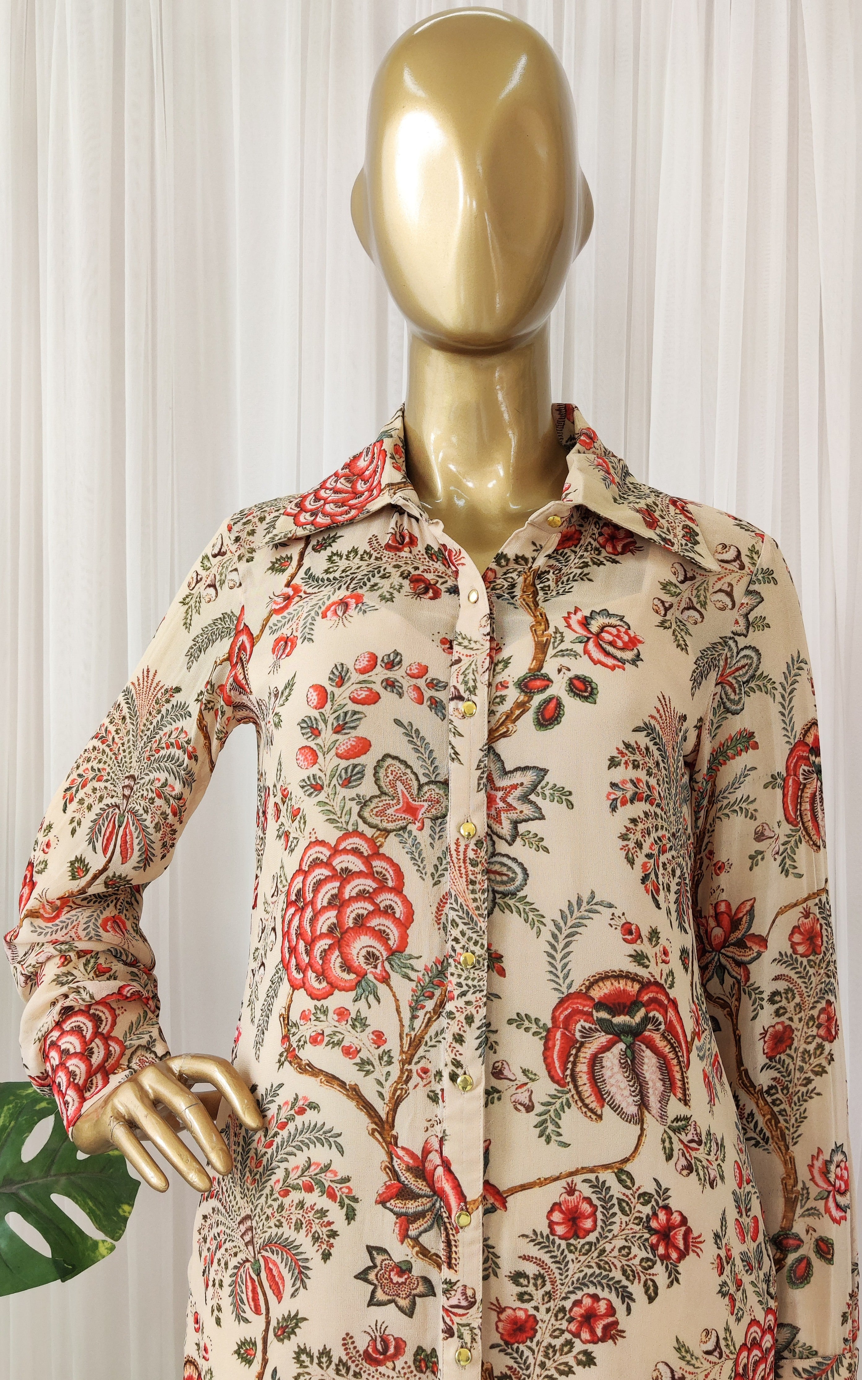 Beige Red Floral Printed Georgette Co-ord Set