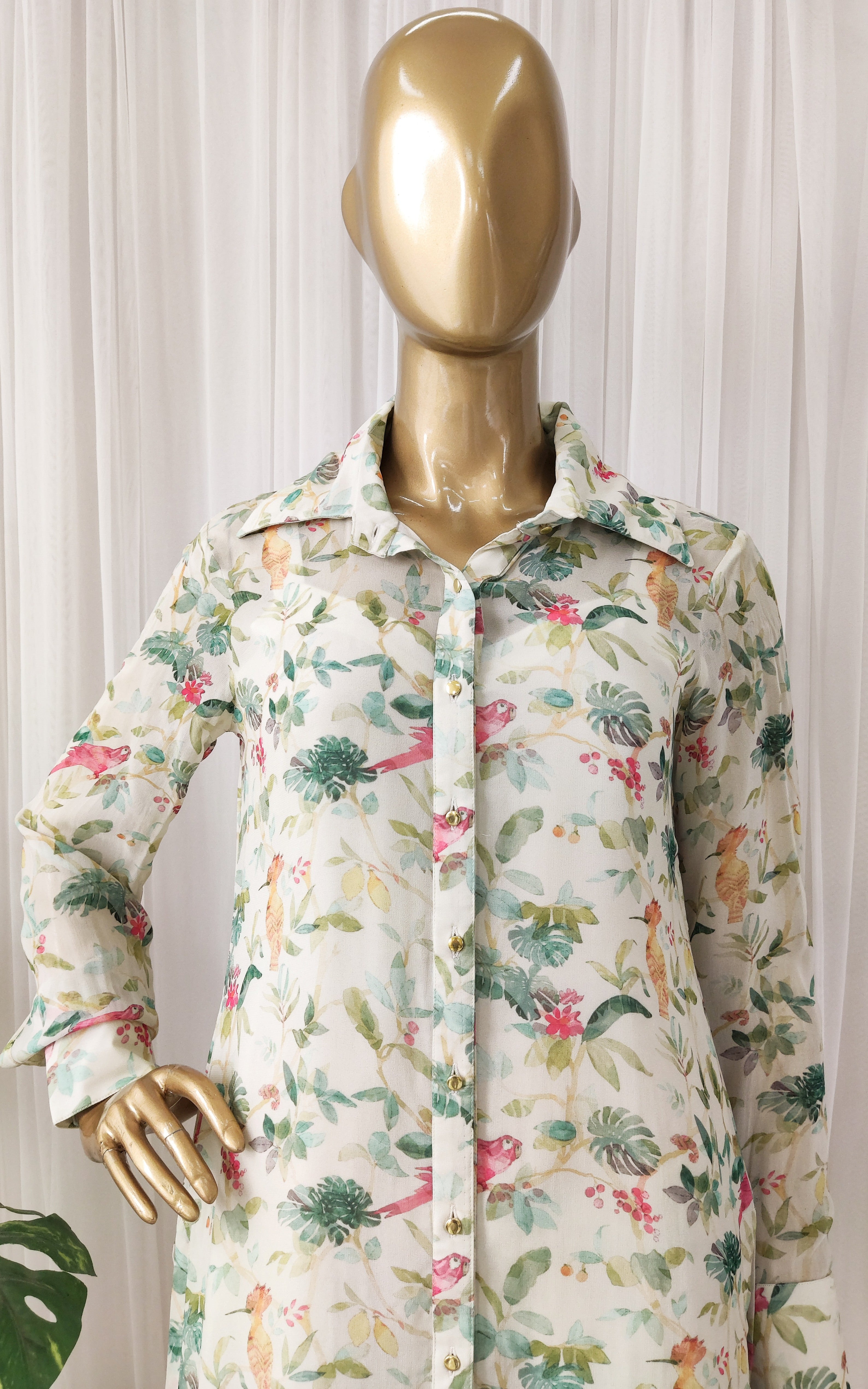 Off White Bird Printed Georgette Co-ord Set