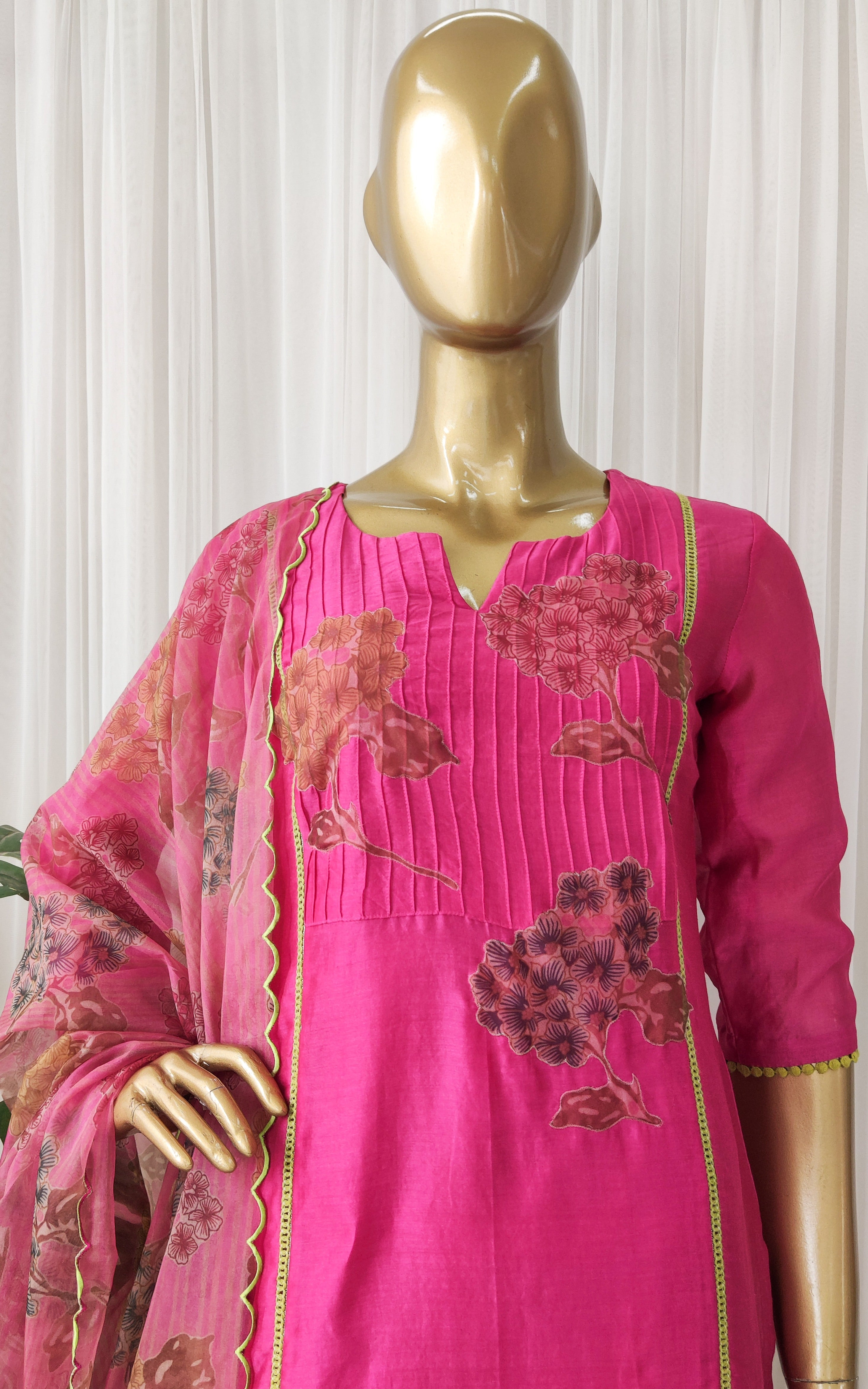 Hot Pink Silk Chanderi Kurta Set with Organza Dupatta