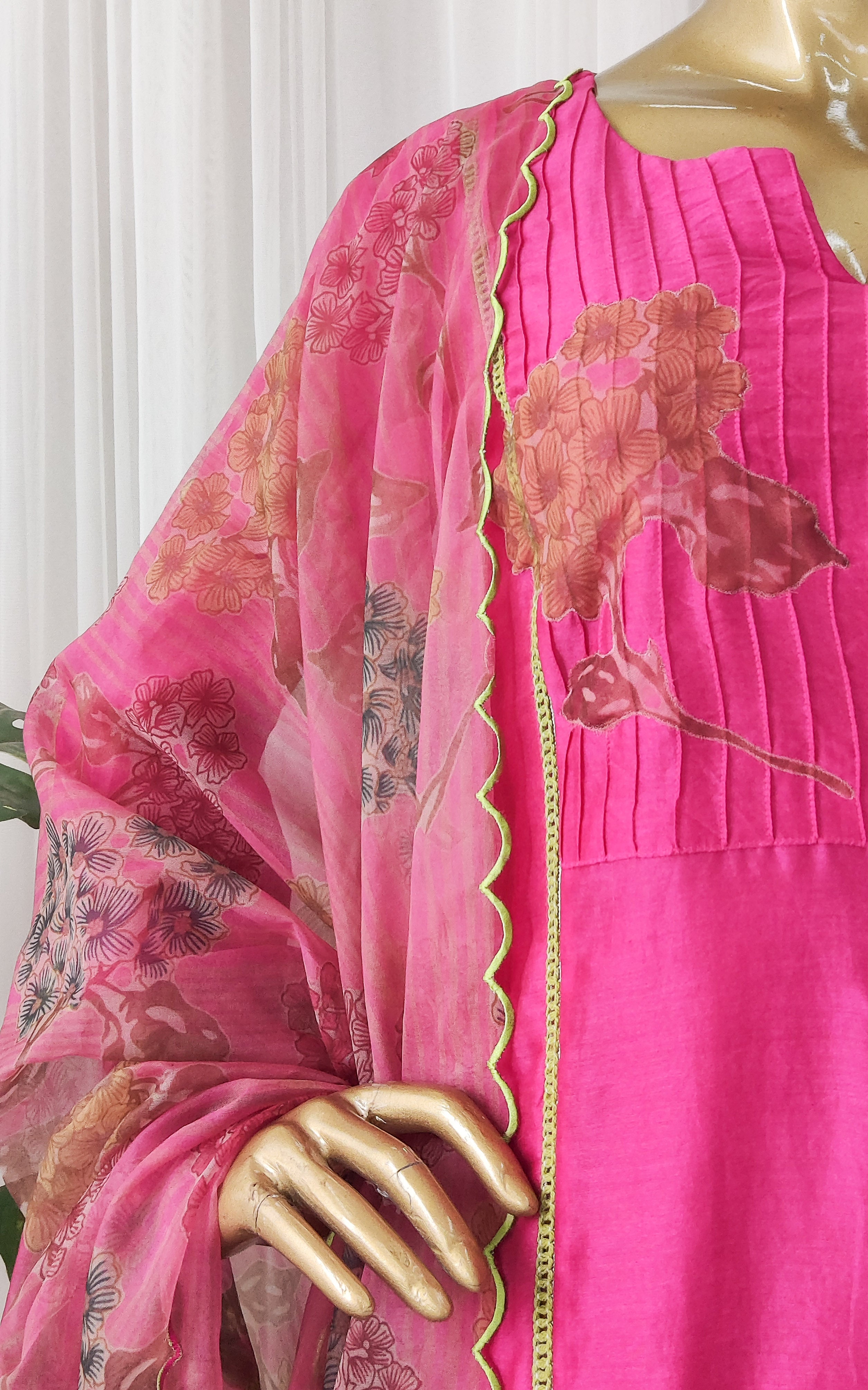 Hot Pink Silk Chanderi Kurta Set with Organza Dupatta