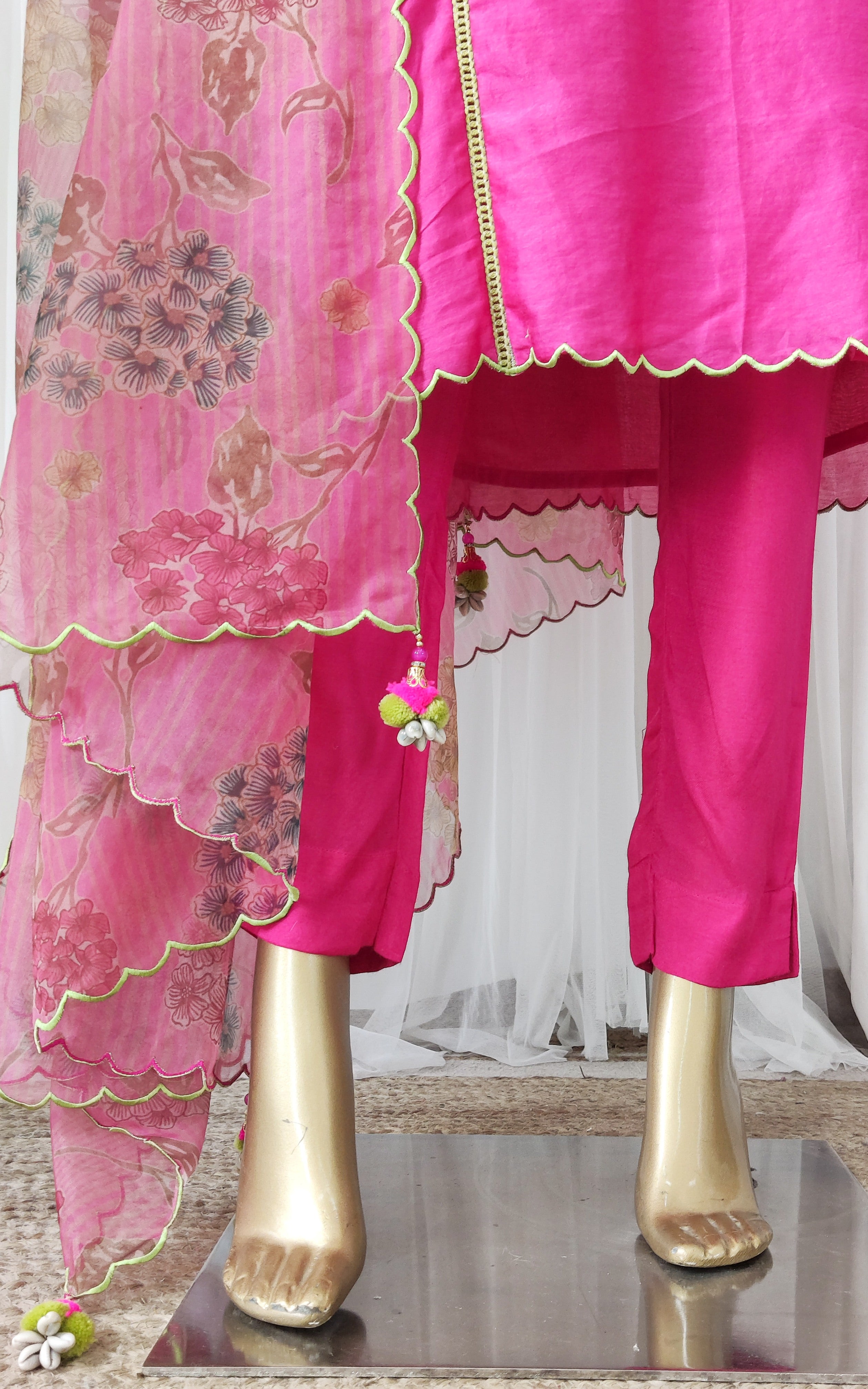 Hot Pink Silk Chanderi Kurta Set with Organza Dupatta