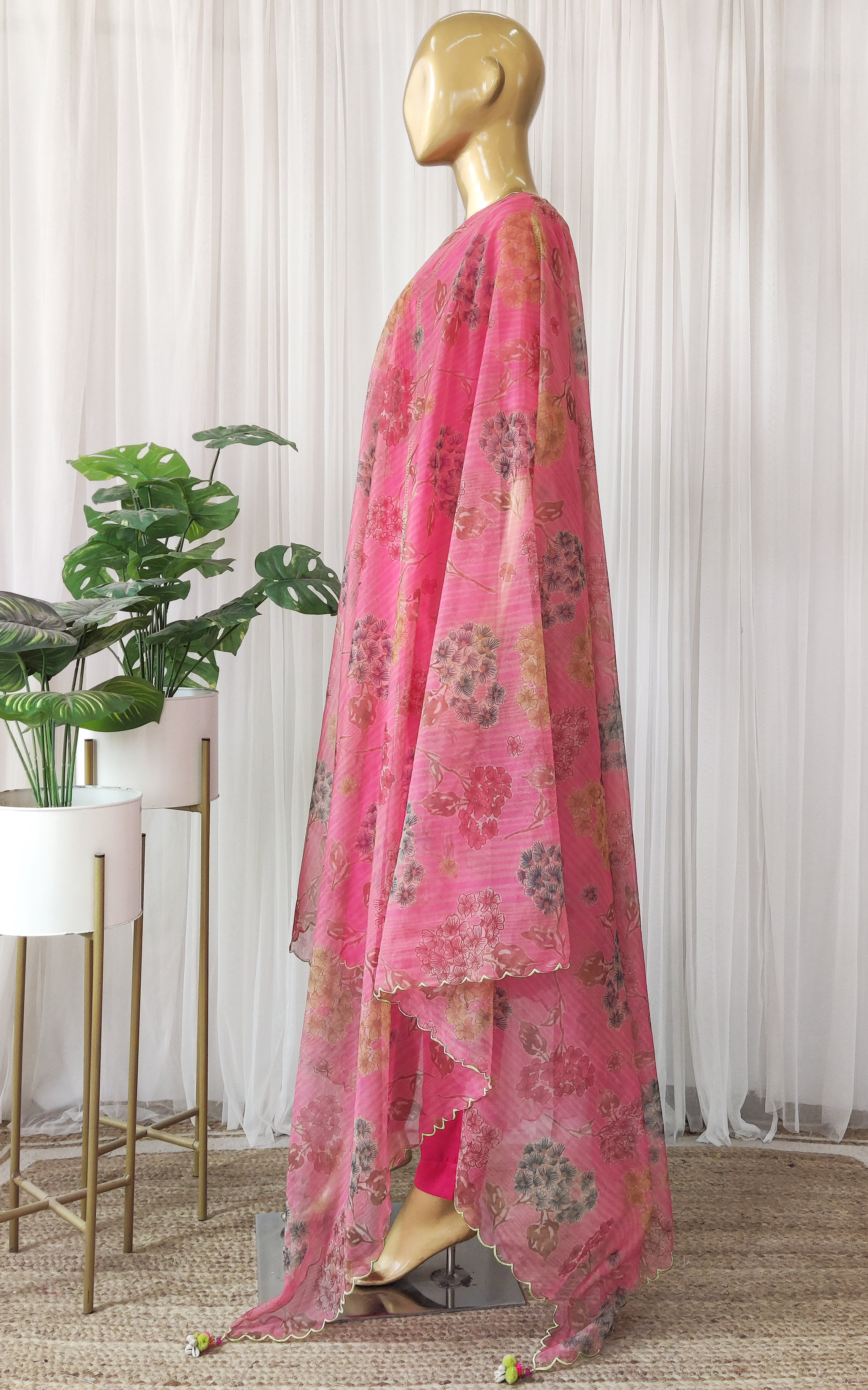 Hot Pink Silk Chanderi Kurta Set with Organza Dupatta
