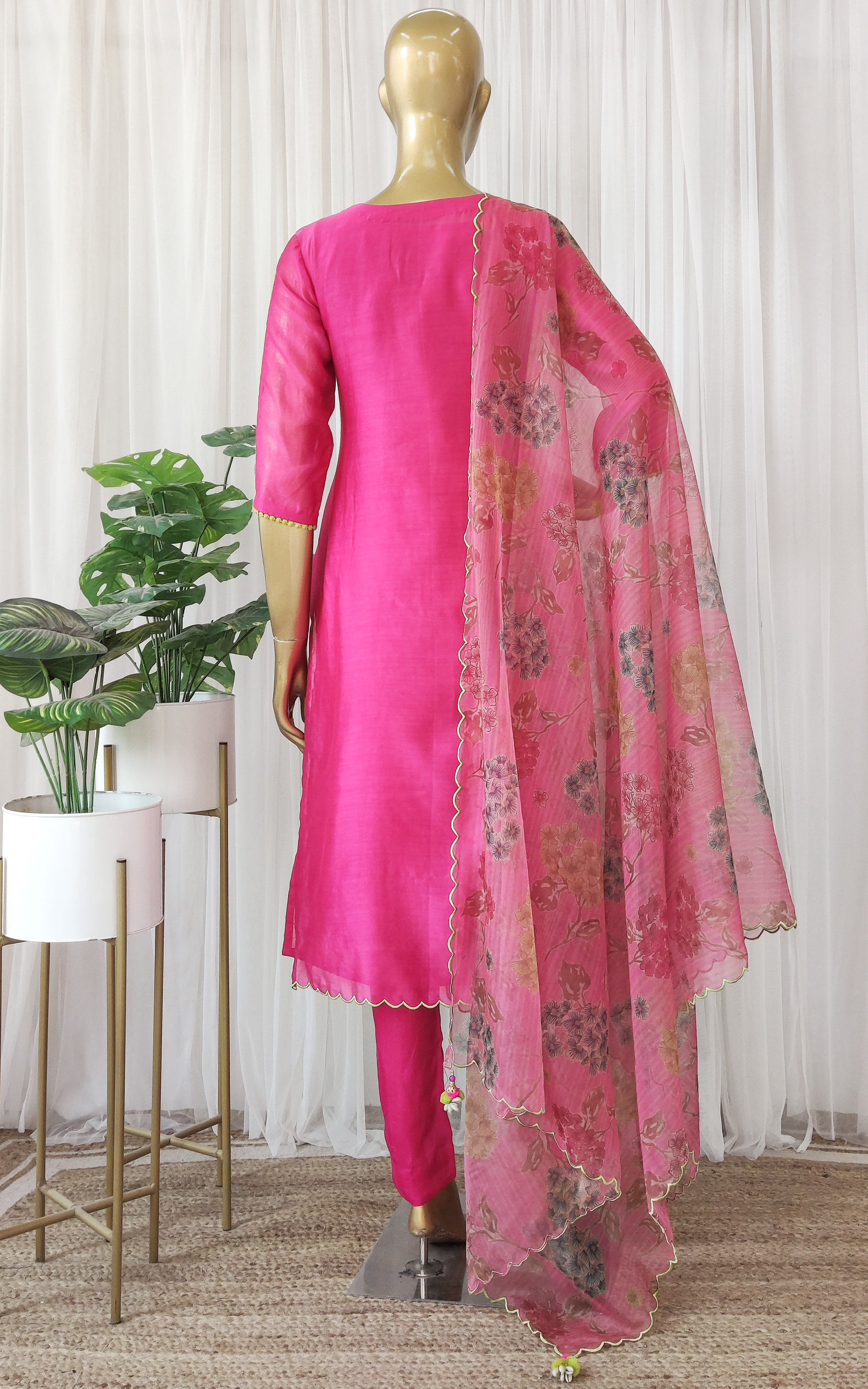 Hot Pink Silk Chanderi Kurta Set with Organza Dupatta