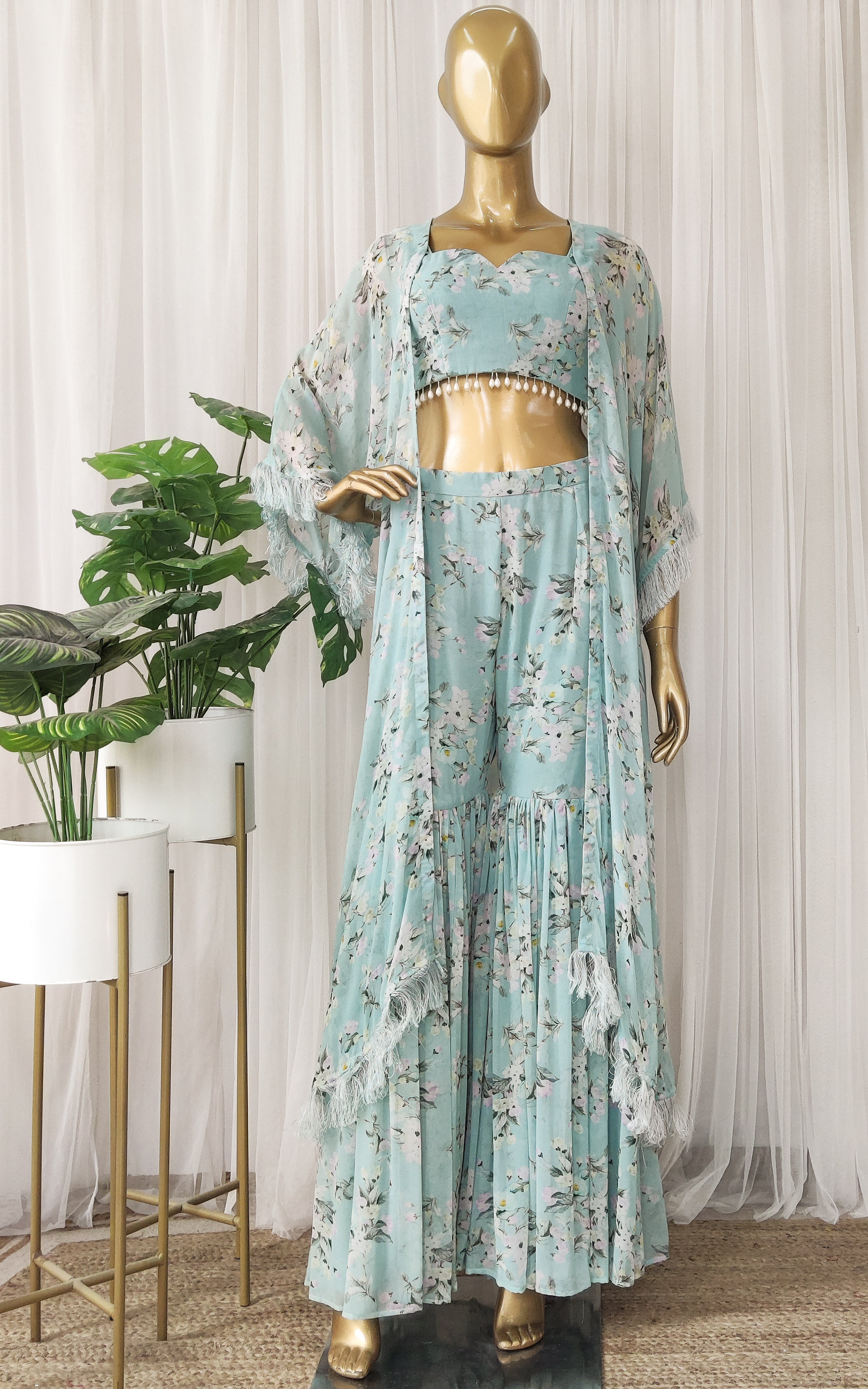 Powder Blue Floral Printed Georgette Jacket & Crop Top Sharara Set