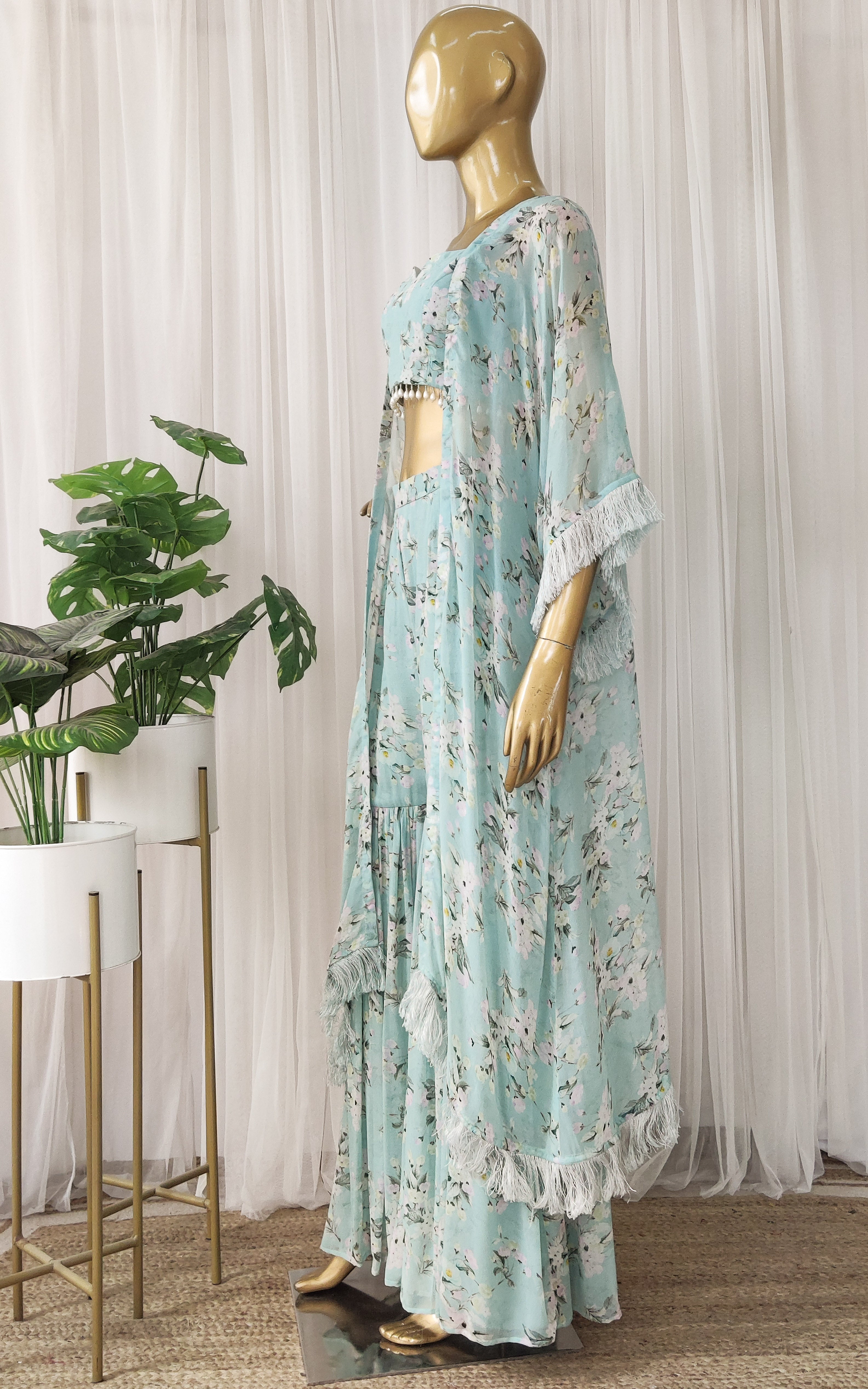 Powder Blue Floral Printed Georgette Jacket & Crop Top Sharara Set