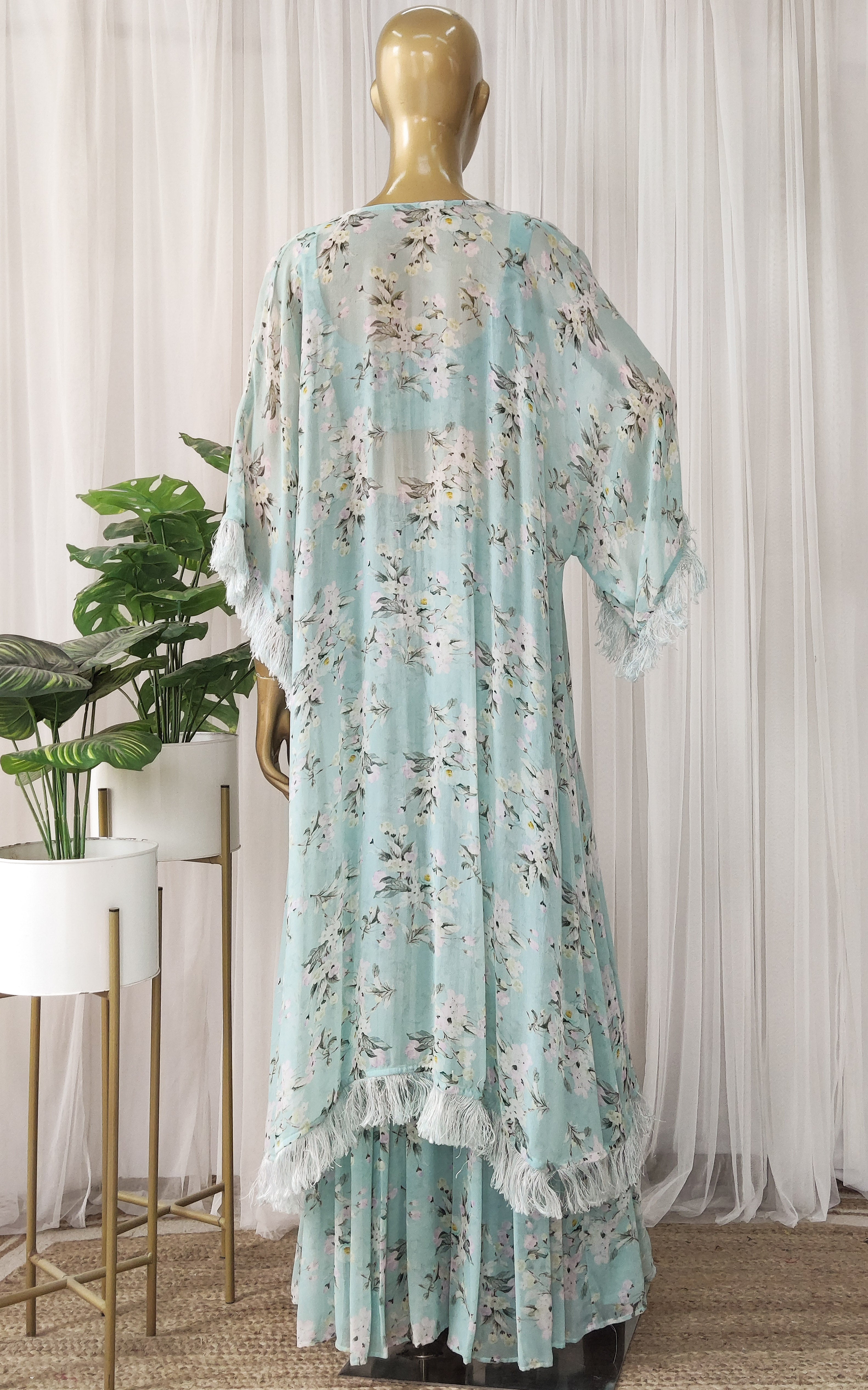 Powder Blue Floral Printed Georgette Jacket & Crop Top Sharara Set