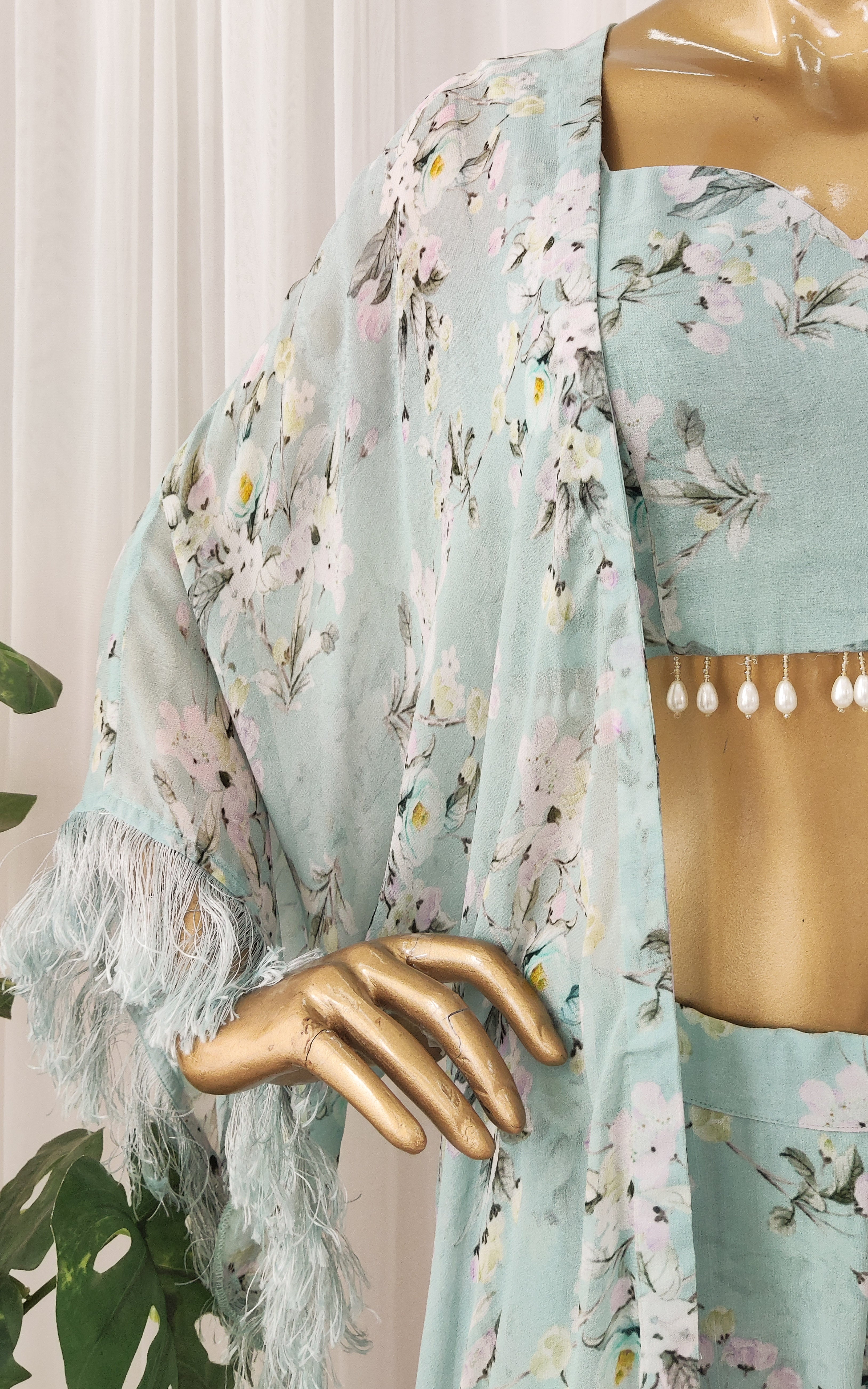 Powder Blue Floral Printed Georgette Jacket & Crop Top Sharara Set