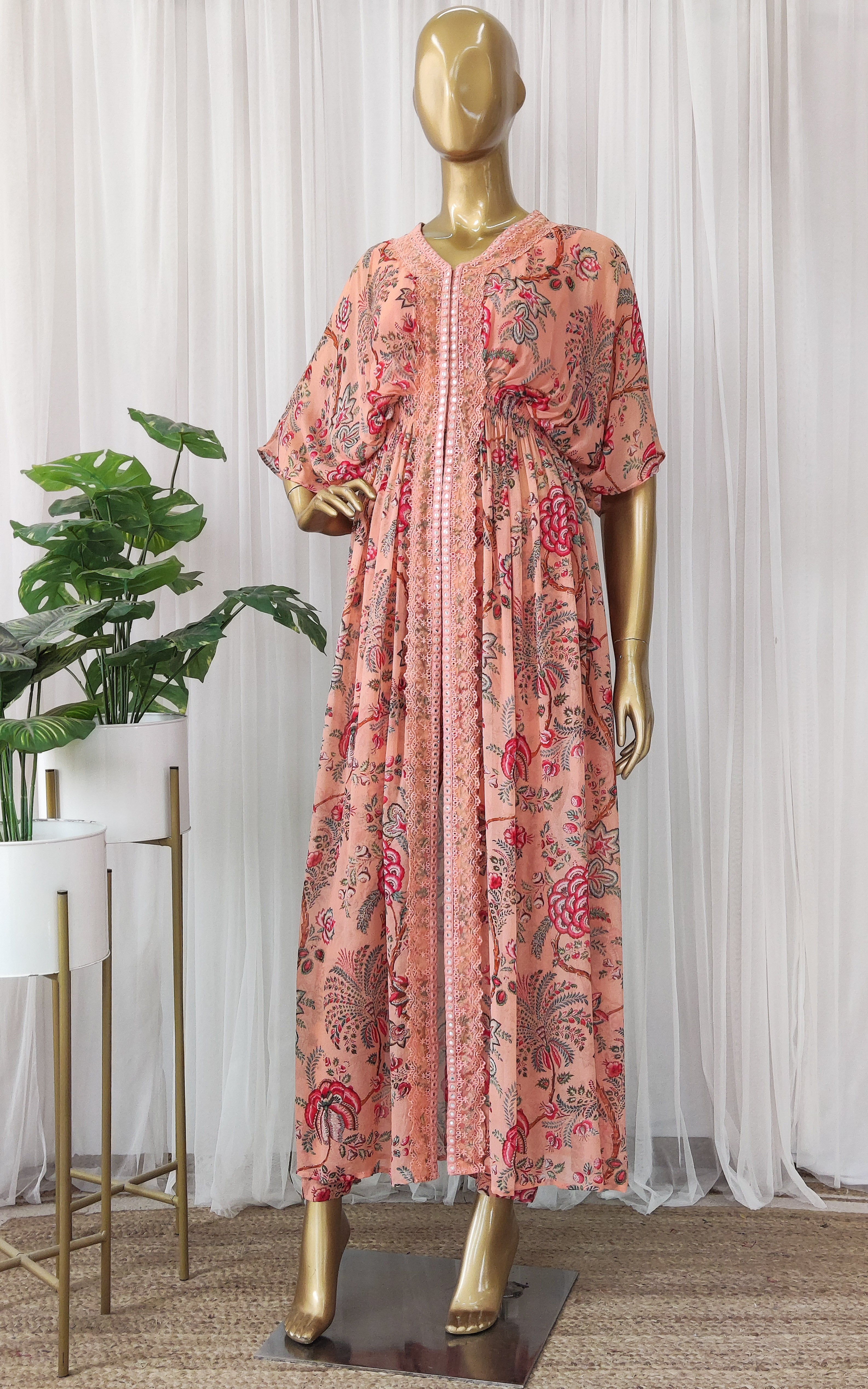 Peach Tropical Printed Georgette Jacket & Pant Co-ord Set