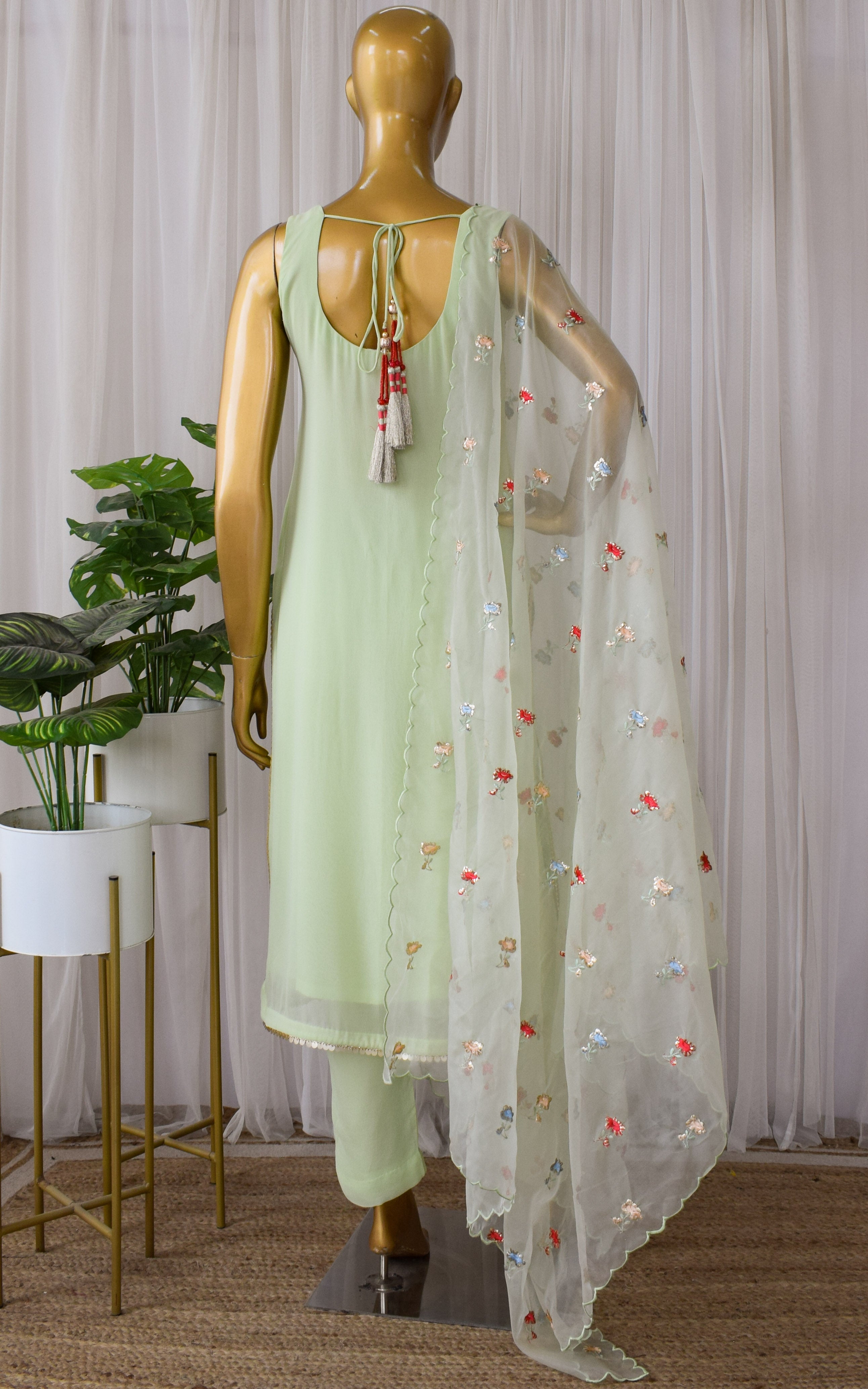 Swati Rathi Tea Green Sequins Kurta Set with Embroidered Organza Dupatta