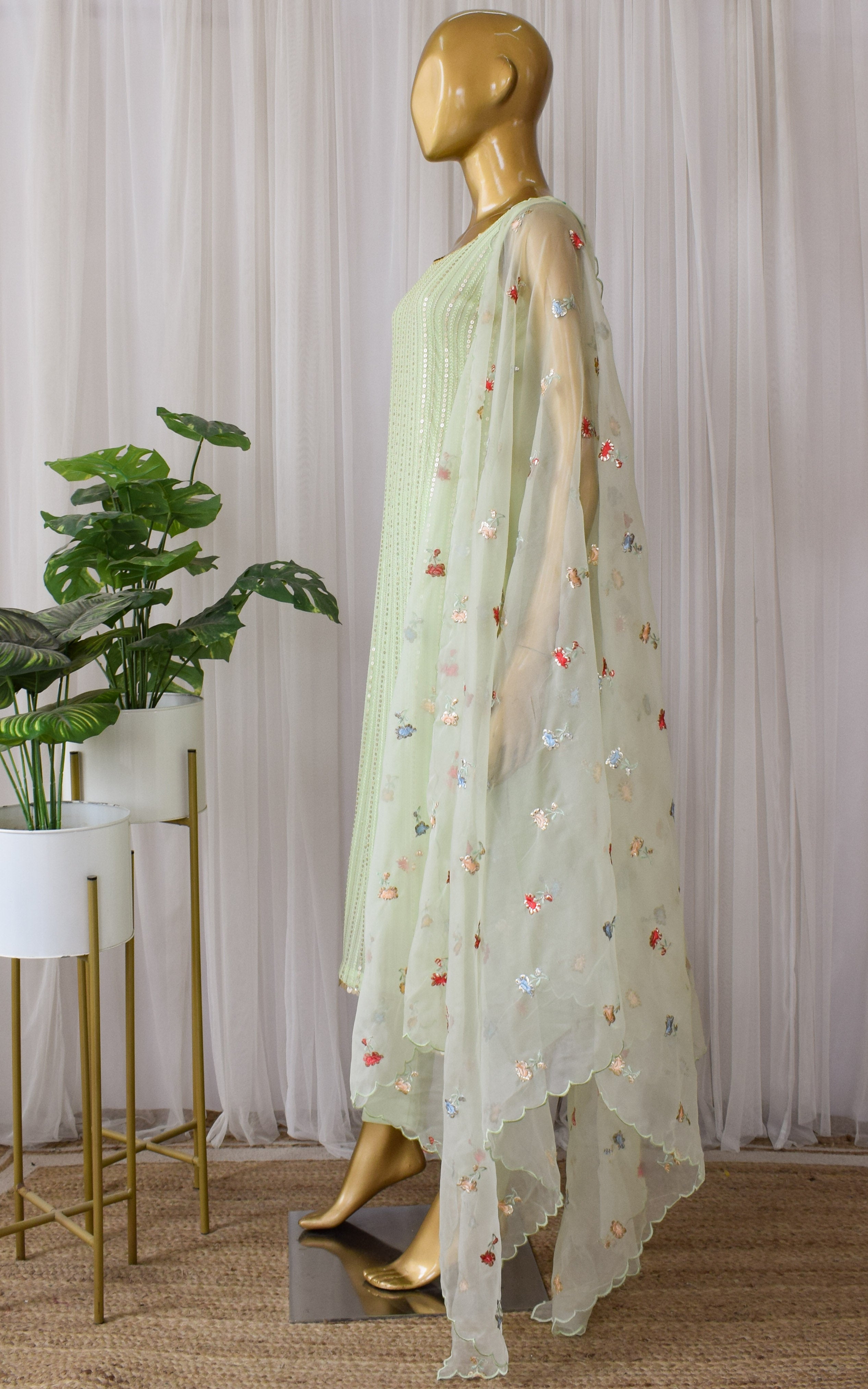 Swati Rathi Tea Green Sequins Kurta Set with Embroidered Organza Dupatta