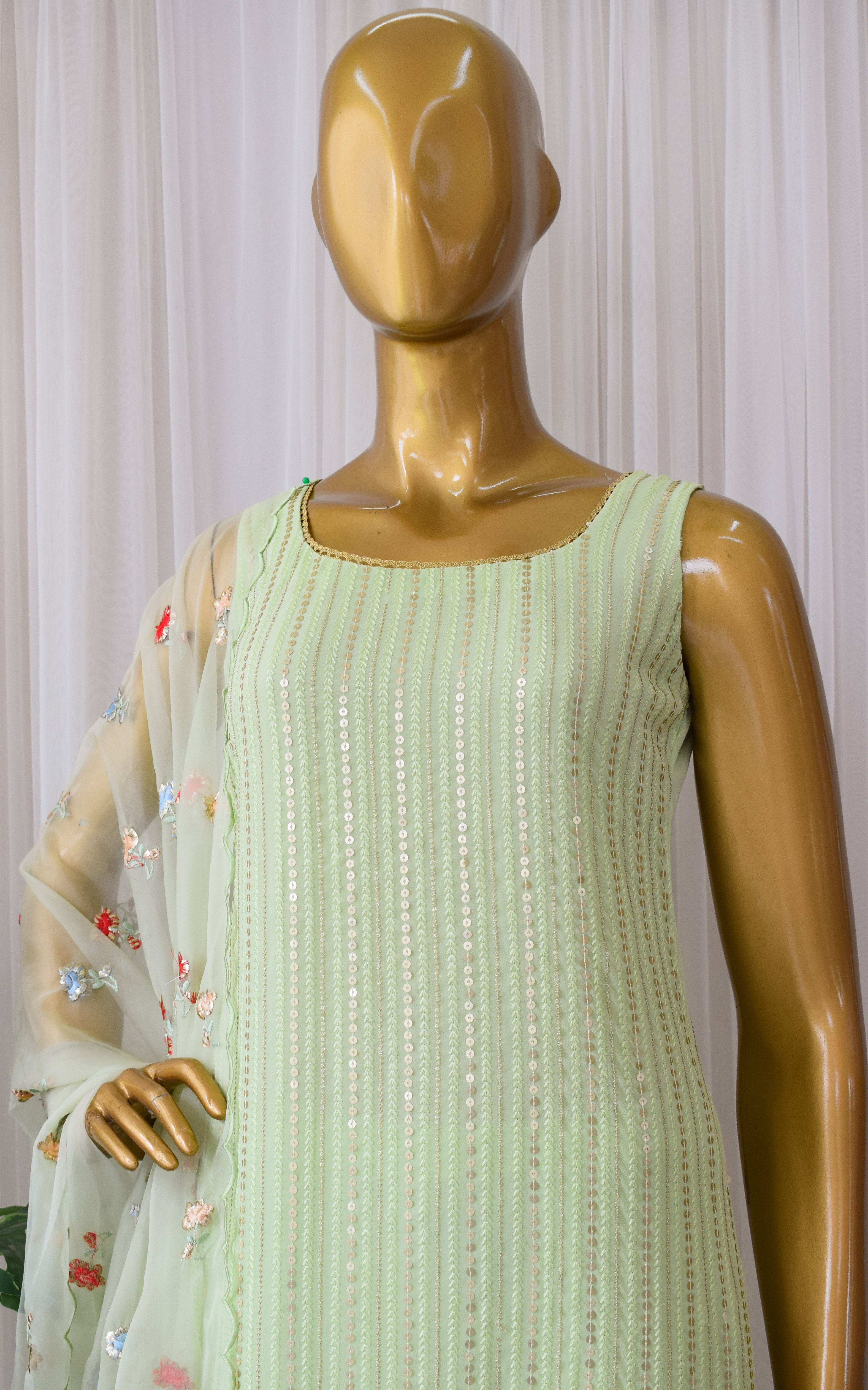 Swati Rathi Tea Green Sequins Kurta Set with Embroidered Organza Dupatta