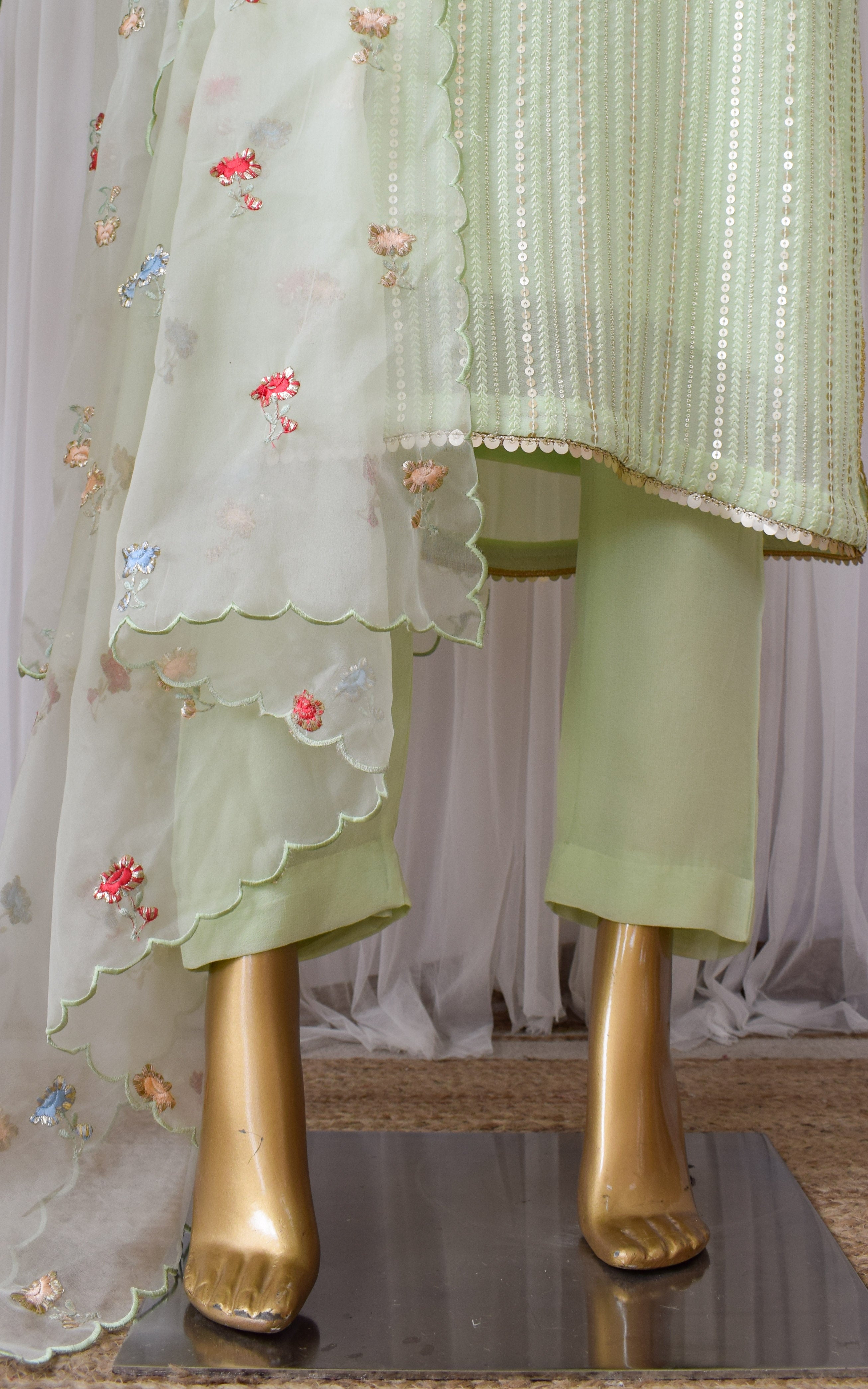 Swati Rathi Tea Green Sequins Kurta Set with Embroidered Organza Dupatta