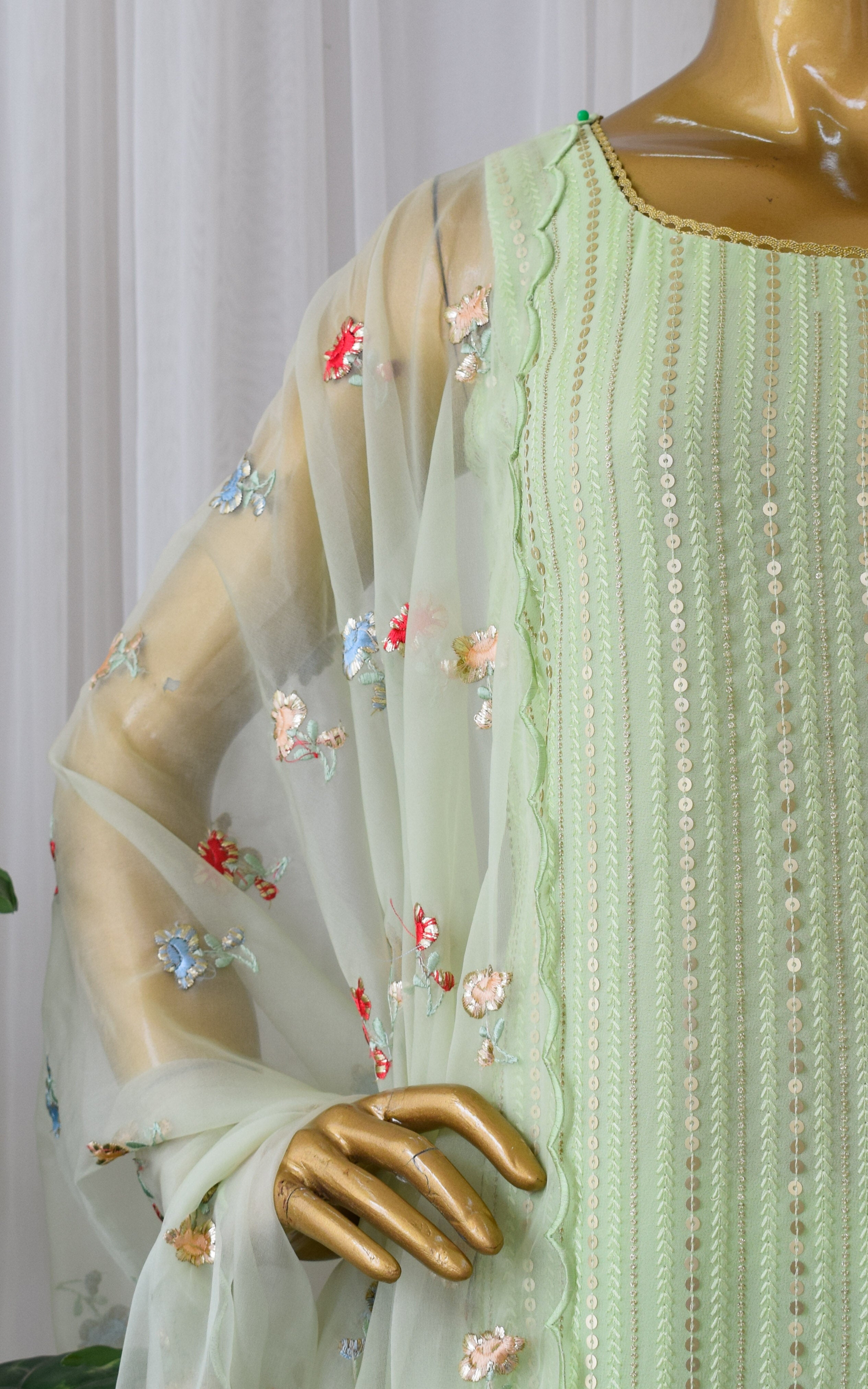 Swati Rathi Tea Green Sequins Kurta Set with Embroidered Organza Dupatta