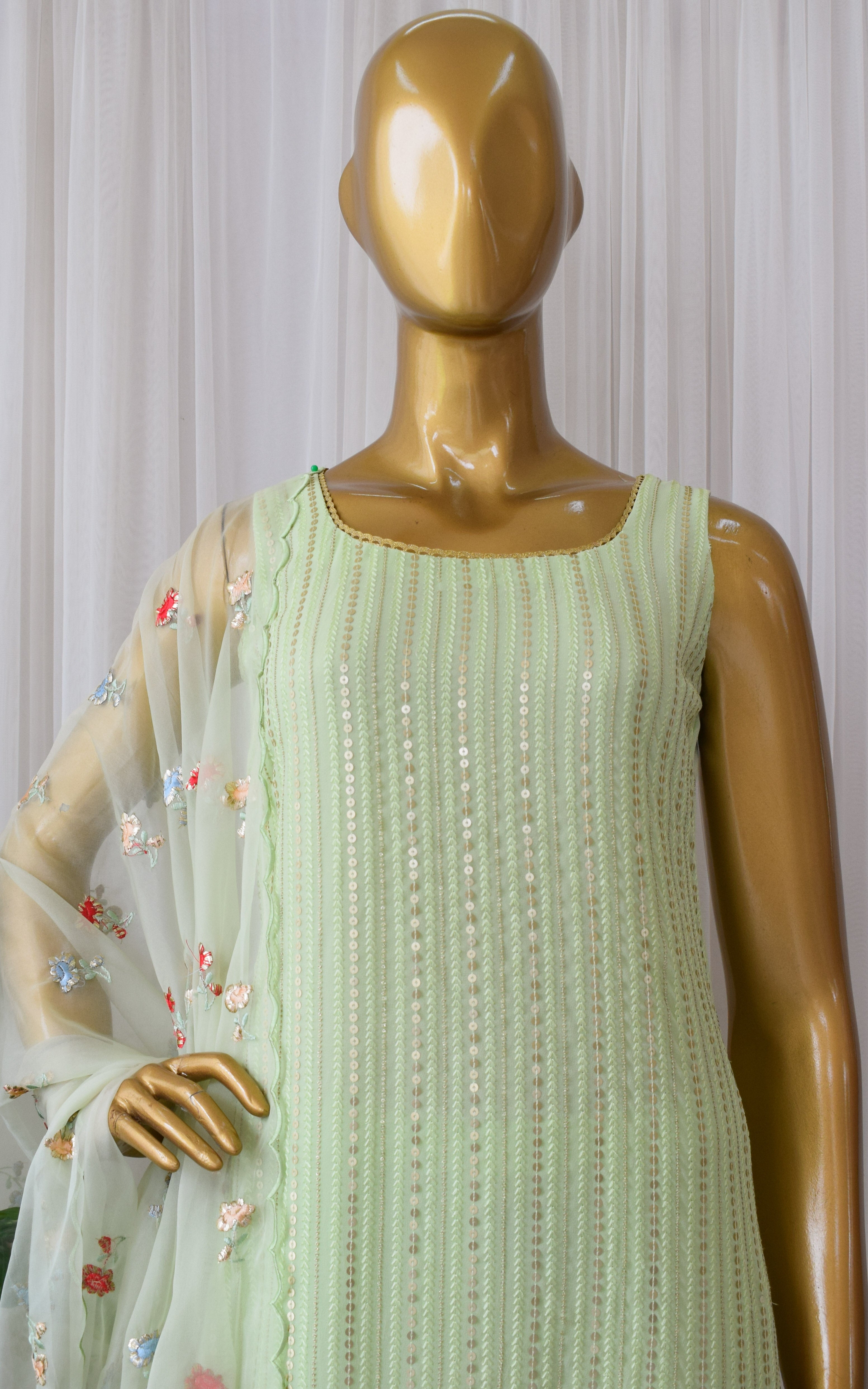 Swati Rathi Tea Green Sequins Kurta Set with Embroidered Organza Dupatta