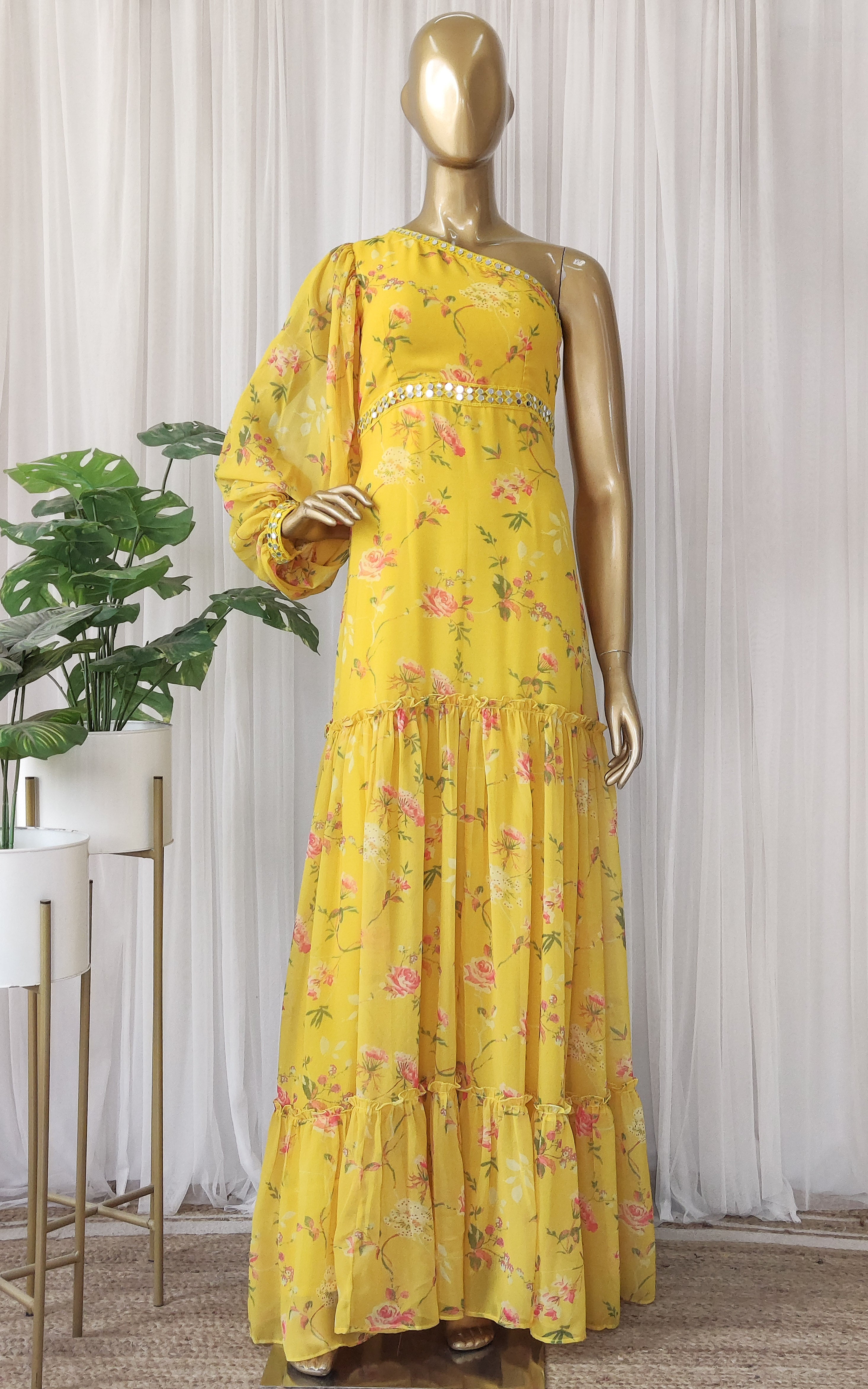 Sapna One Shoulder Mustard Printed Georgette Mirrorwork Dress