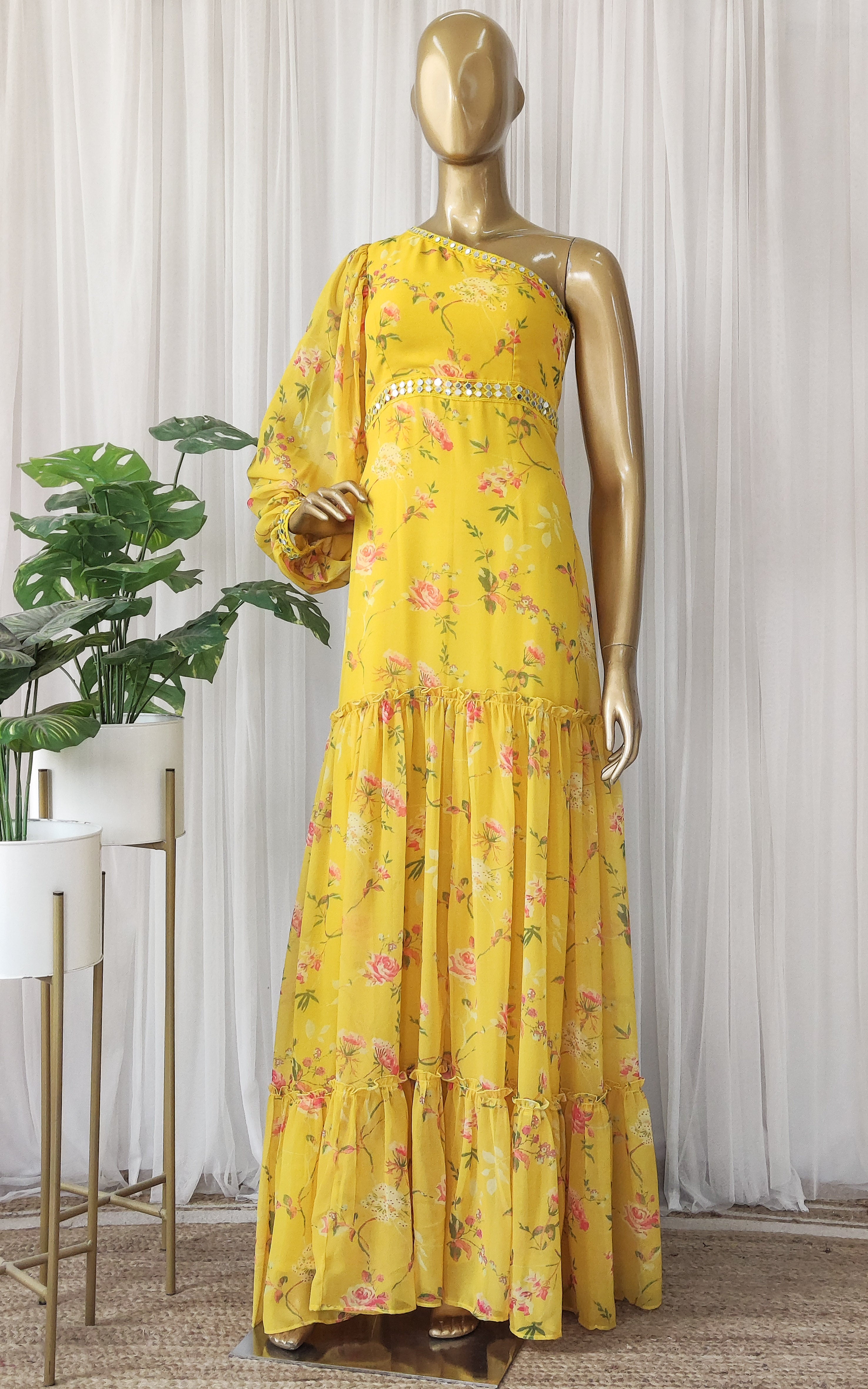 Sapna One Shoulder Mustard Printed Georgette Mirrorwork Dress