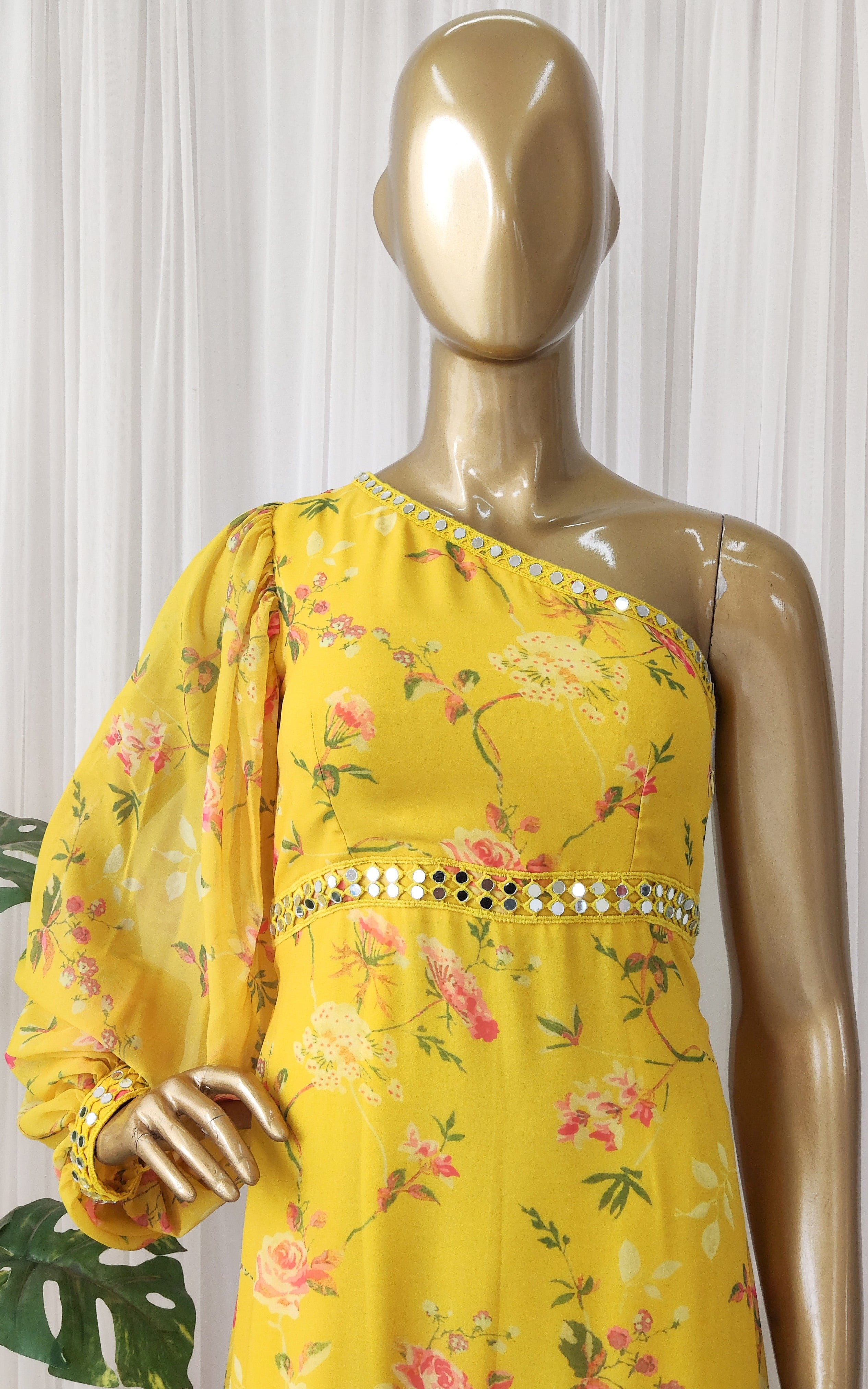 Sapna One Shoulder Mustard Printed Georgette Mirrorwork Dress