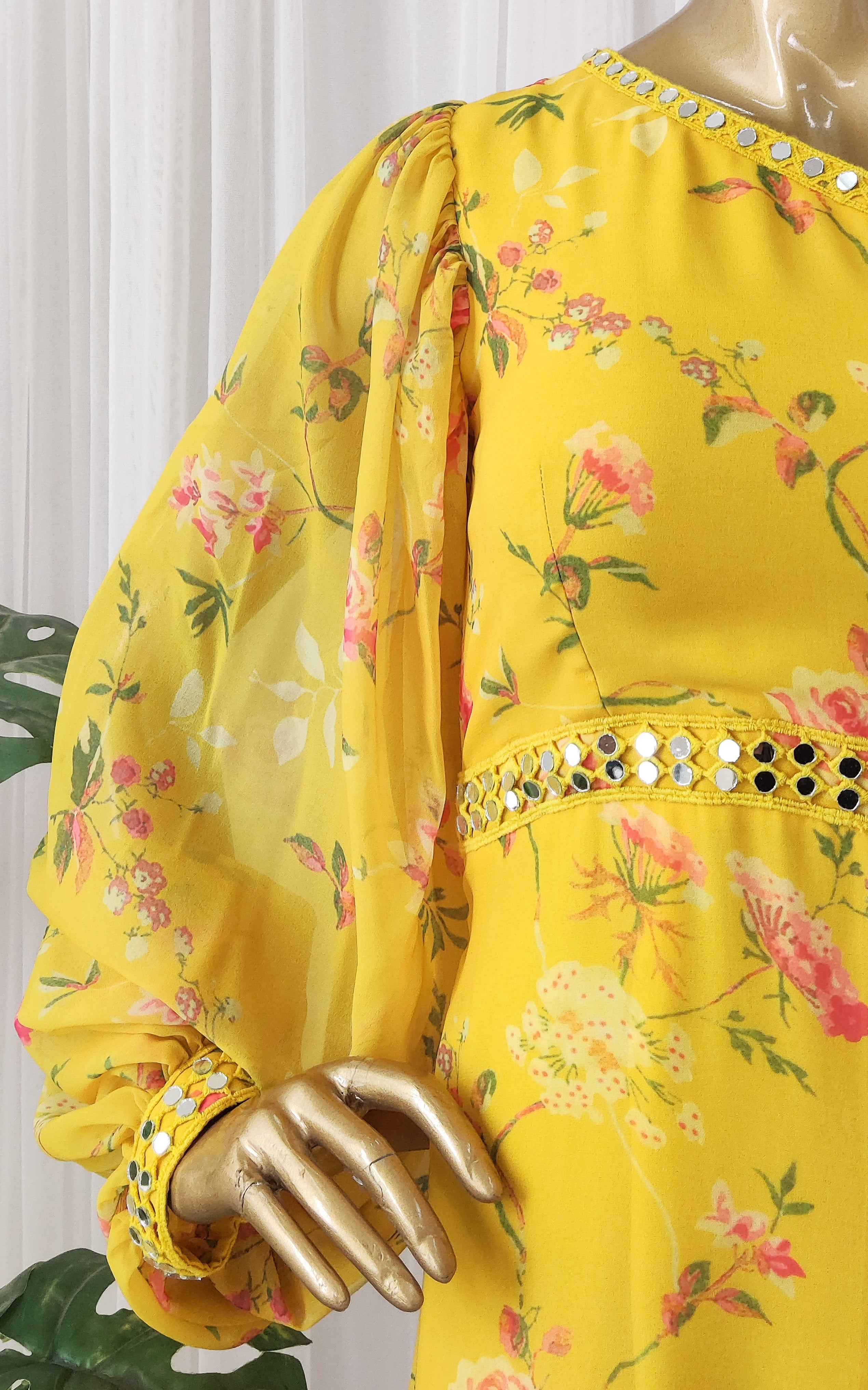 Sapna One Shoulder Mustard Printed Georgette Mirrorwork Dress