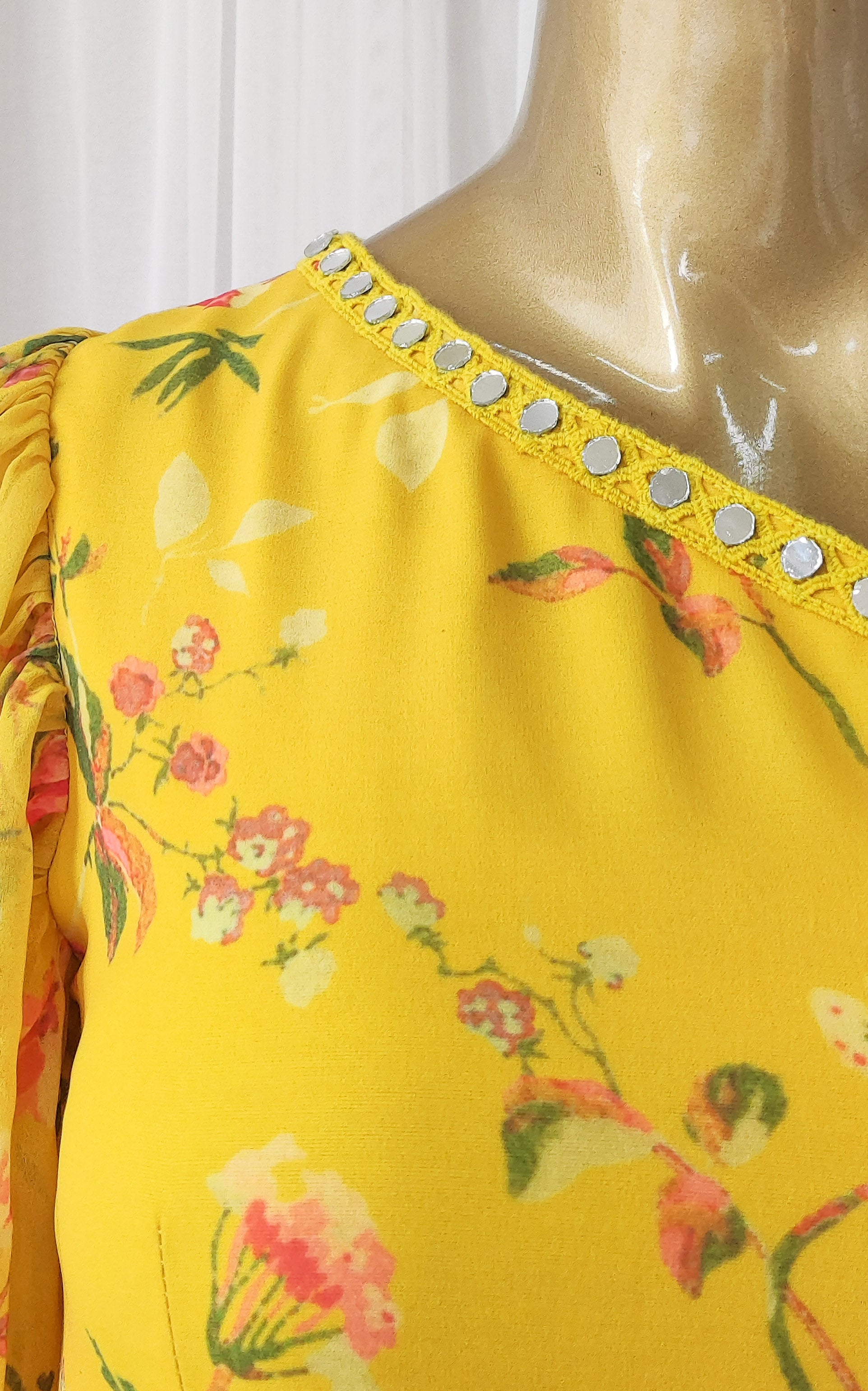 Sapna One Shoulder Mustard Printed Georgette Mirrorwork Dress