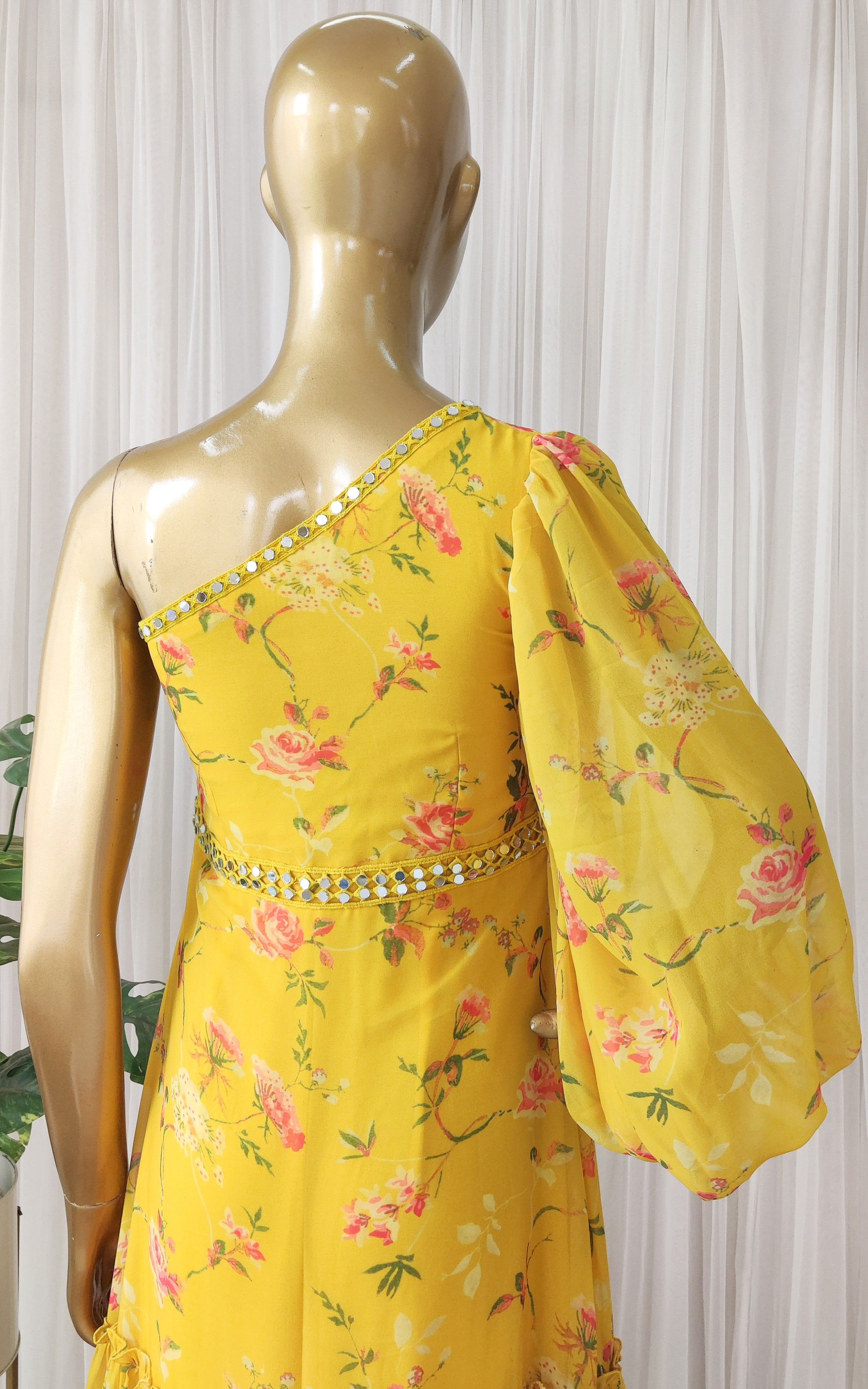 Sapna One Shoulder Mustard Printed Georgette Mirrorwork Dress
