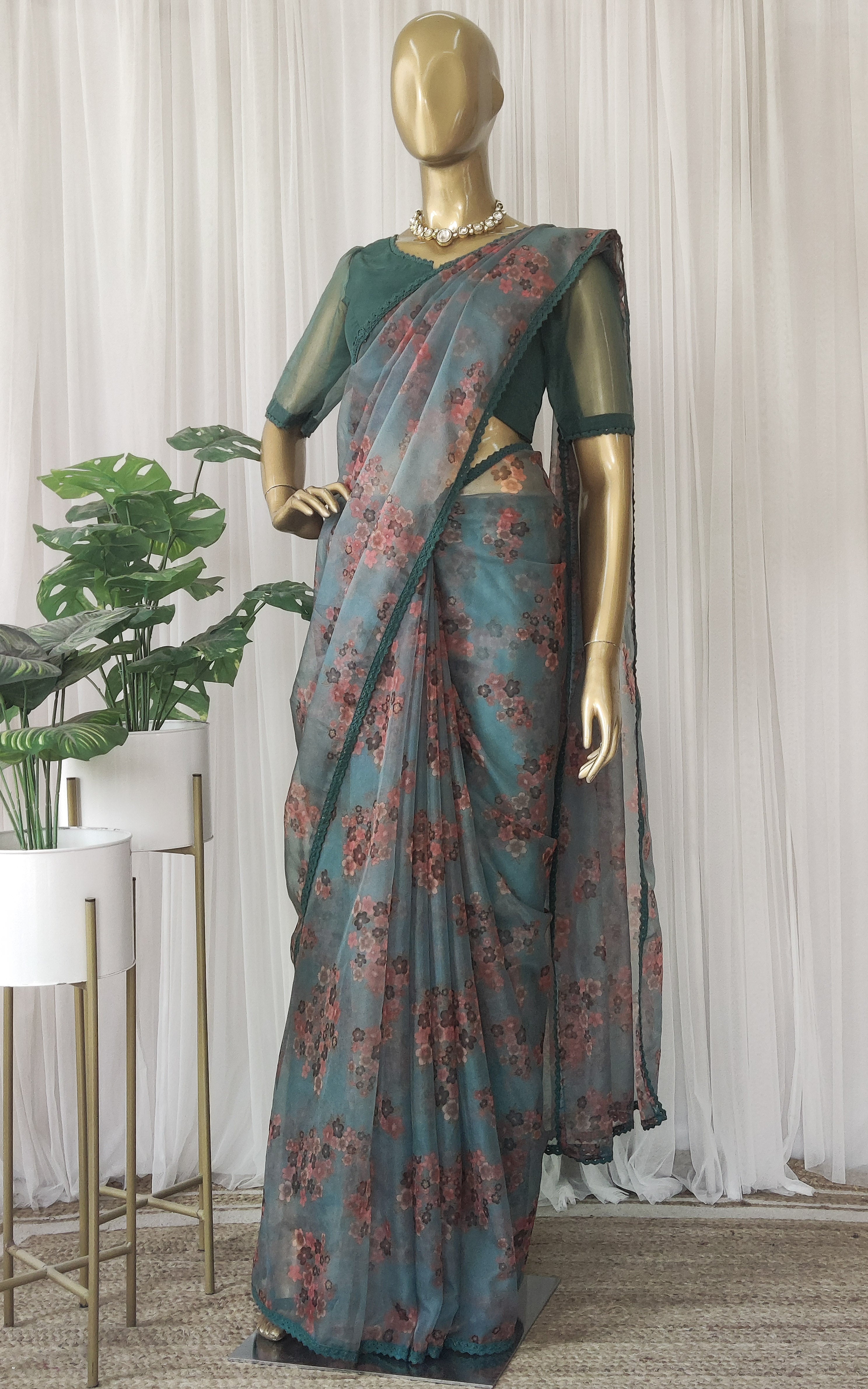 Seaweed Green Floral Organza Saree