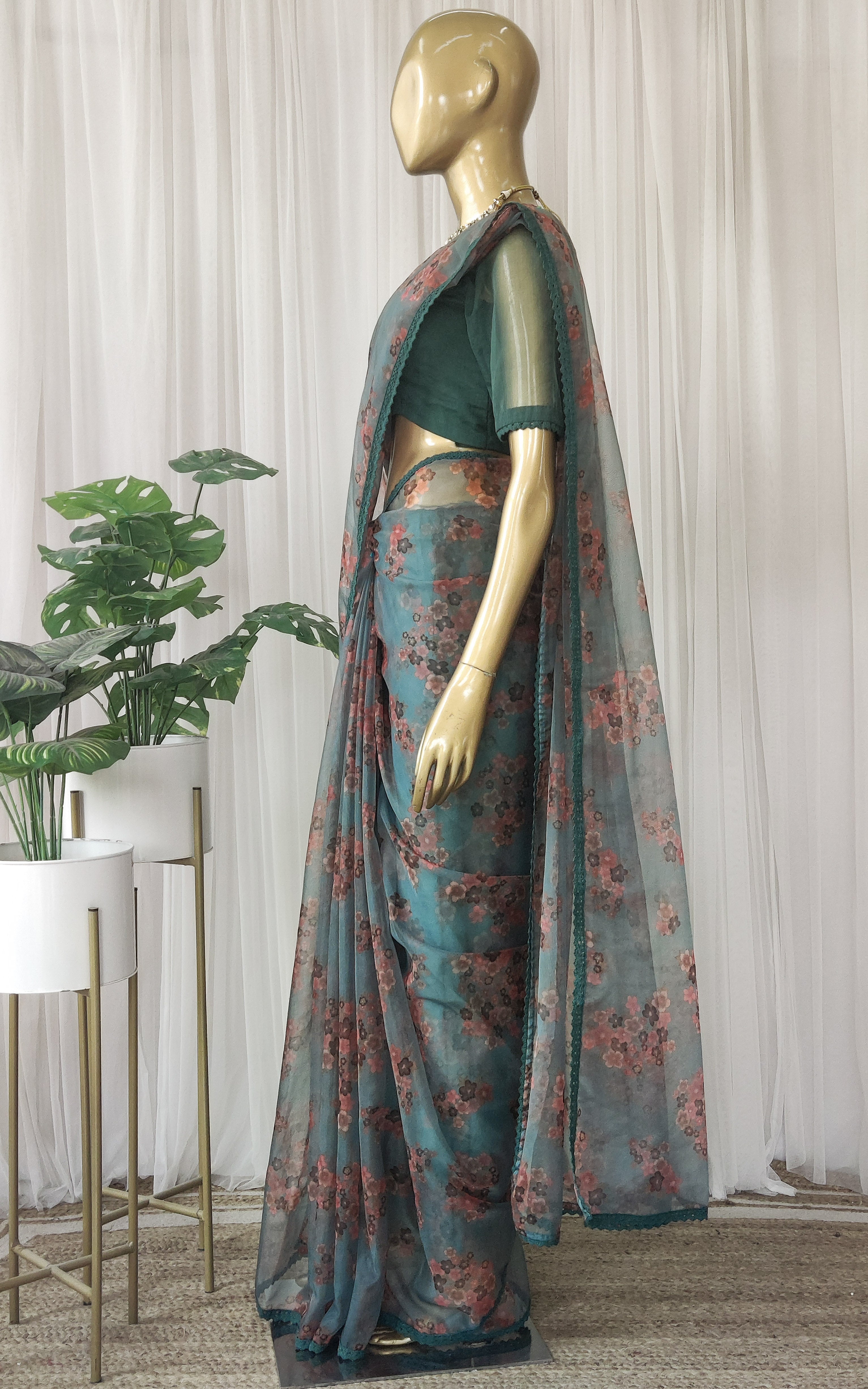 Seaweed Green Floral Organza Saree