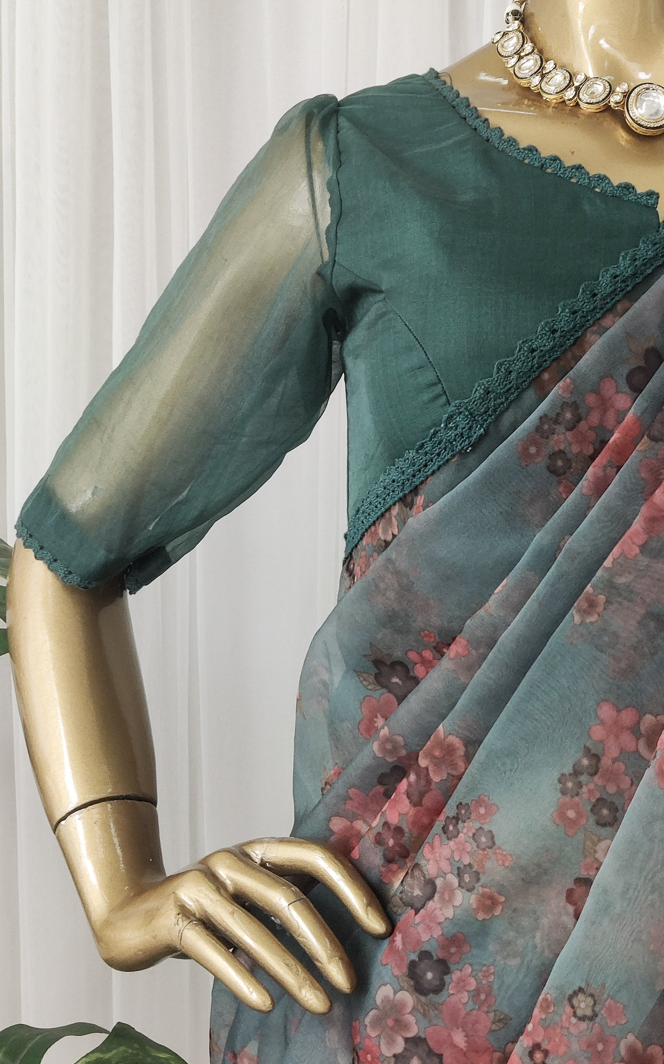 Seaweed Green Floral Organza Saree